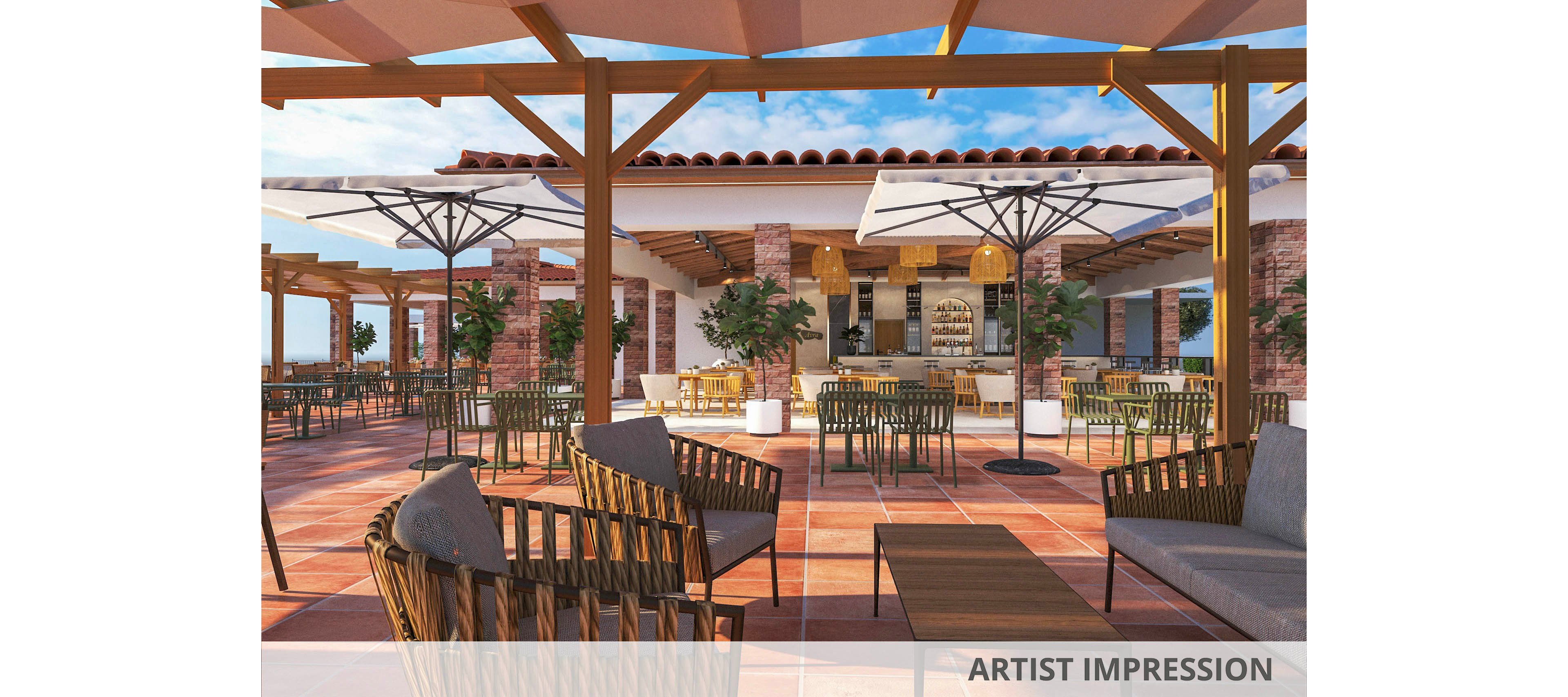A spacious outdoor terrace features wicker chairs and tables arranged under large white umbrellas. The setting is bright and inviting, with terracotta tile flooring and wooden pergolas casting geometric shadows. The background includes a stylish bar area with hanging lights and potted plants, creating a relaxed, Mediterranean-inspired atmosphere. No visible text or numbers are present in the image.