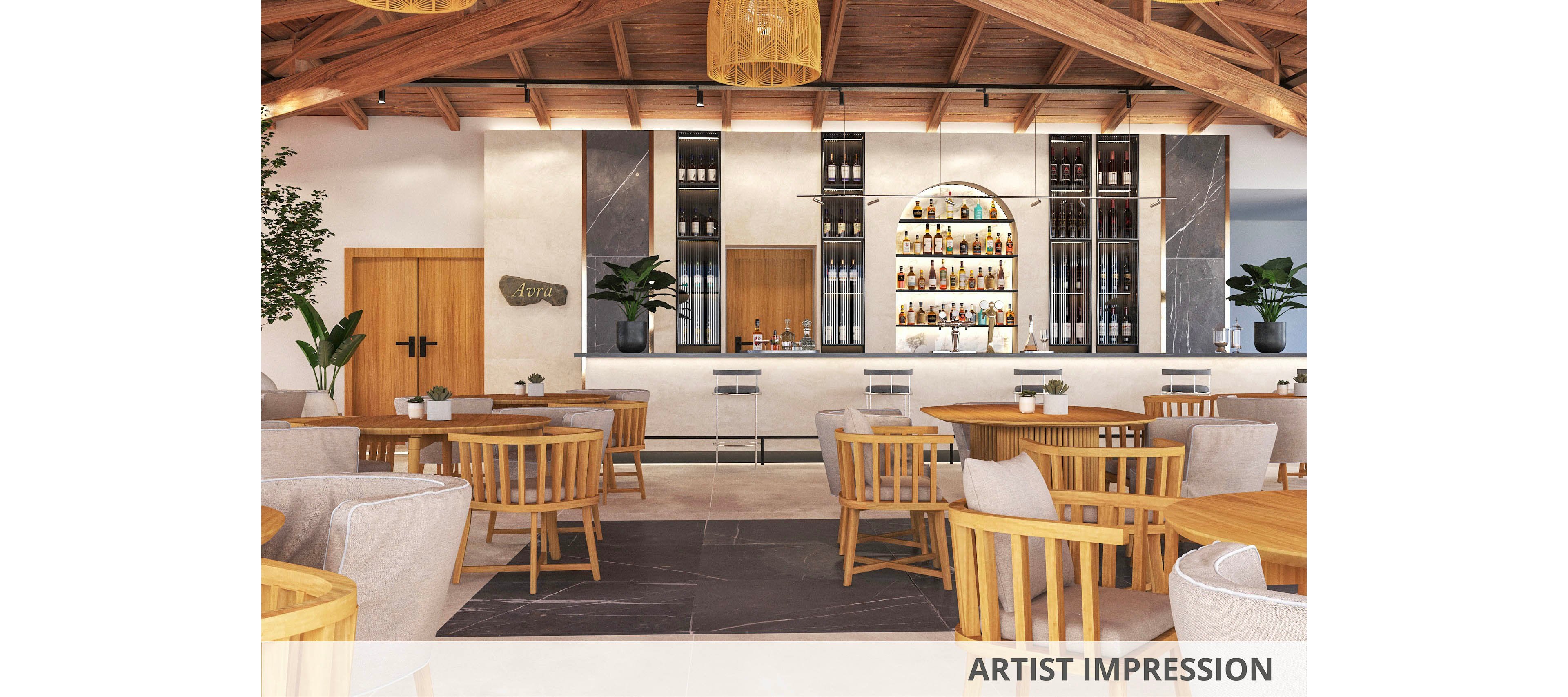 A contemporary restaurant bar features wooden tables and chairs arranged neatly in a spacious setting. The bar area is well-stocked with bottles and glassware, framed by tall shelving and a central arch display. Warm lighting and exposed wooden beams create a welcoming, relaxed atmosphere. Large potted plants add a touch of greenery to the neutral palette. No visible text or numbers are present in the image.