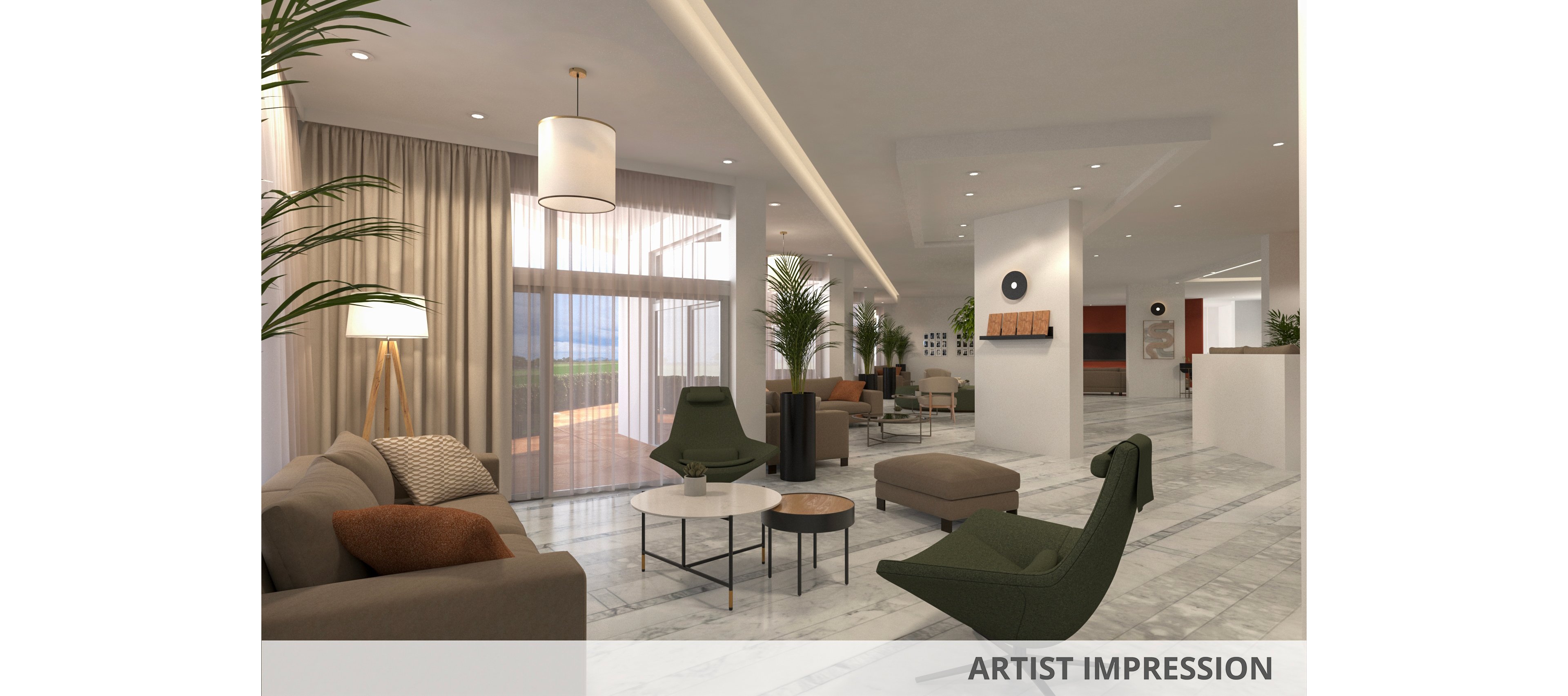A spacious hotel lobby features modern furniture, including green armchairs, a beige sofa, and round coffee tables. Large windows allow natural light to fill the room, highlighting marble floors and indoor plants. The setting is clean and inviting, with neutral tones and minimalist decor creating a calm atmosphere. No visible text or numbers are present in the image.