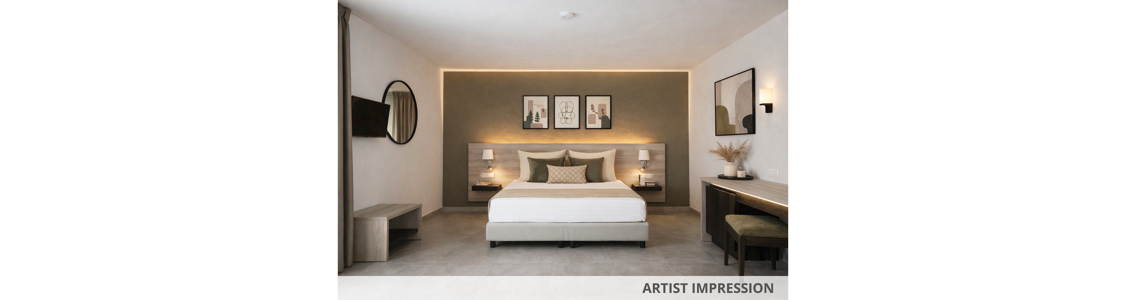 A contemporary hotel room features a large bed with decorative pillows and soft lighting. The setting includes modern wall art, bedside tables with lamps, and a sleek workspace with a chair. Neutral colors and minimalist decor create a calm, inviting atmosphere. The room is well-lit with both natural and artificial light sources. No visible text or numbers are present in the image.