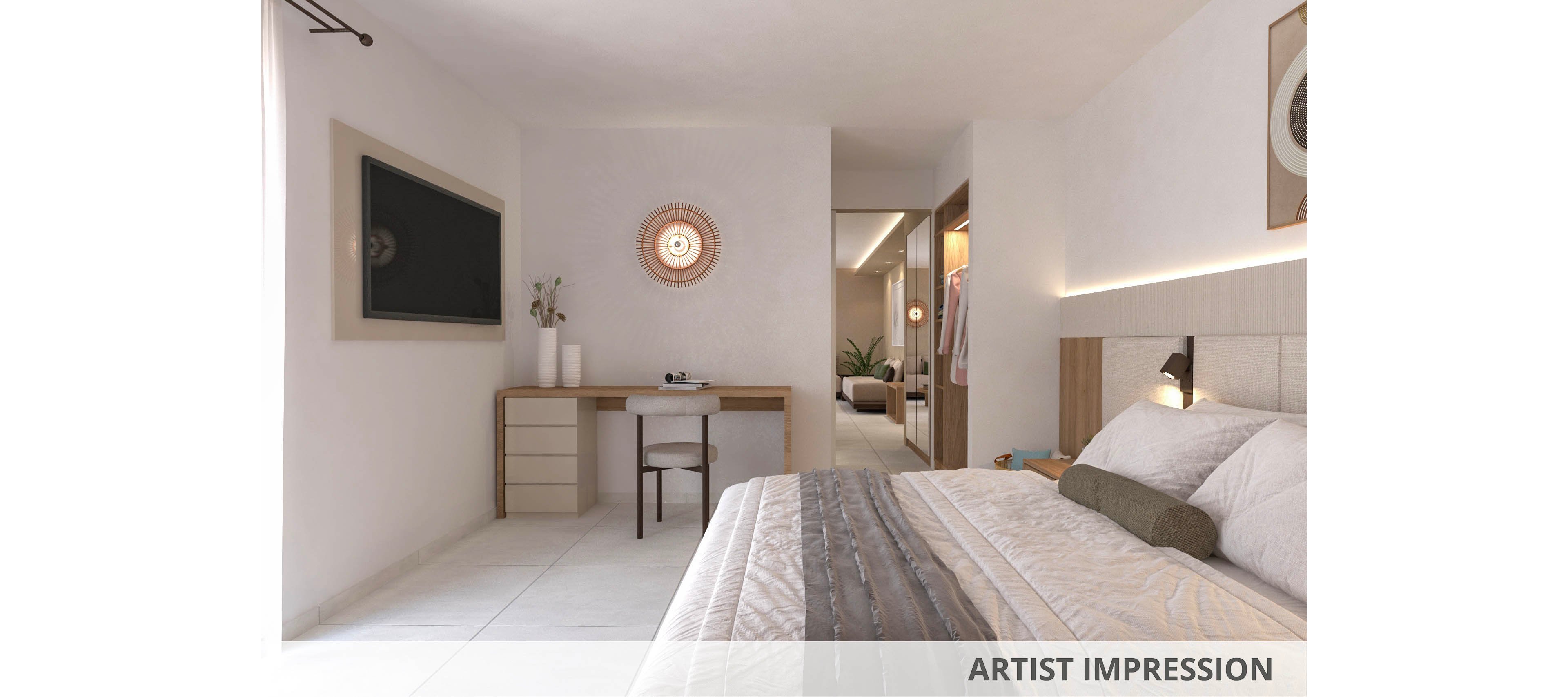 A contemporary bedroom features a neatly made bed with neutral bedding, a wall-mounted flat screen TV, and a wooden desk with a chair. The room is decorated in a minimalist style with soft, natural lighting and light-colored walls. A hallway leads to a closet area, and decorative elements include vases and a circular wall art piece.