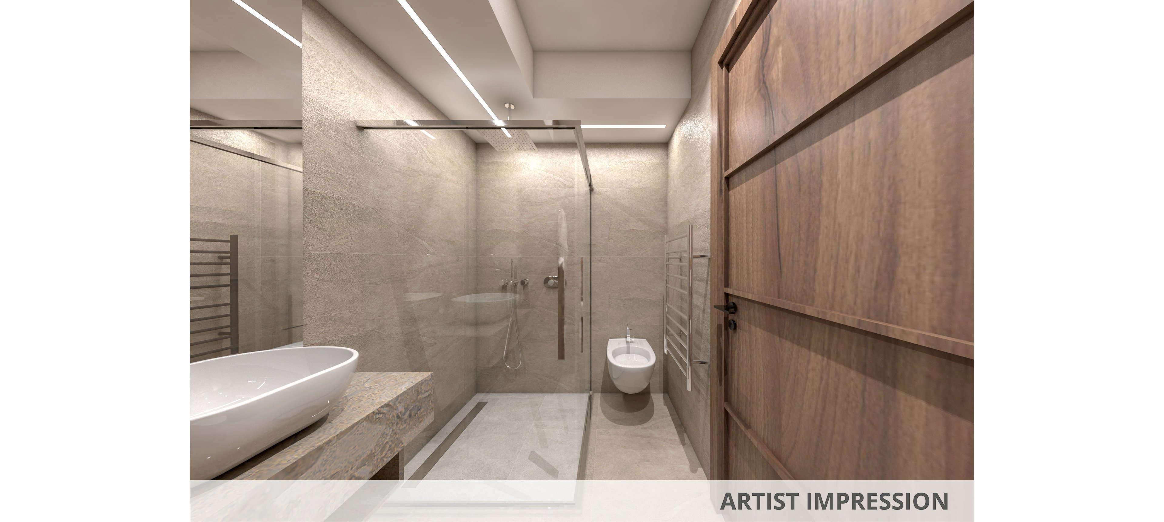 Contemporary bathroom interior featuring a glass-enclosed shower and wall-mounted toilet. A sleek vessel sink sits on a stone countertop, complemented by large beige tiles and recessed ceiling lights. Warm wooden door textures contrast with the neutral palette, creating a clean and minimalist aesthetic. The text "ARTIST IMPRESSION" appears along the bottom edge of the image.