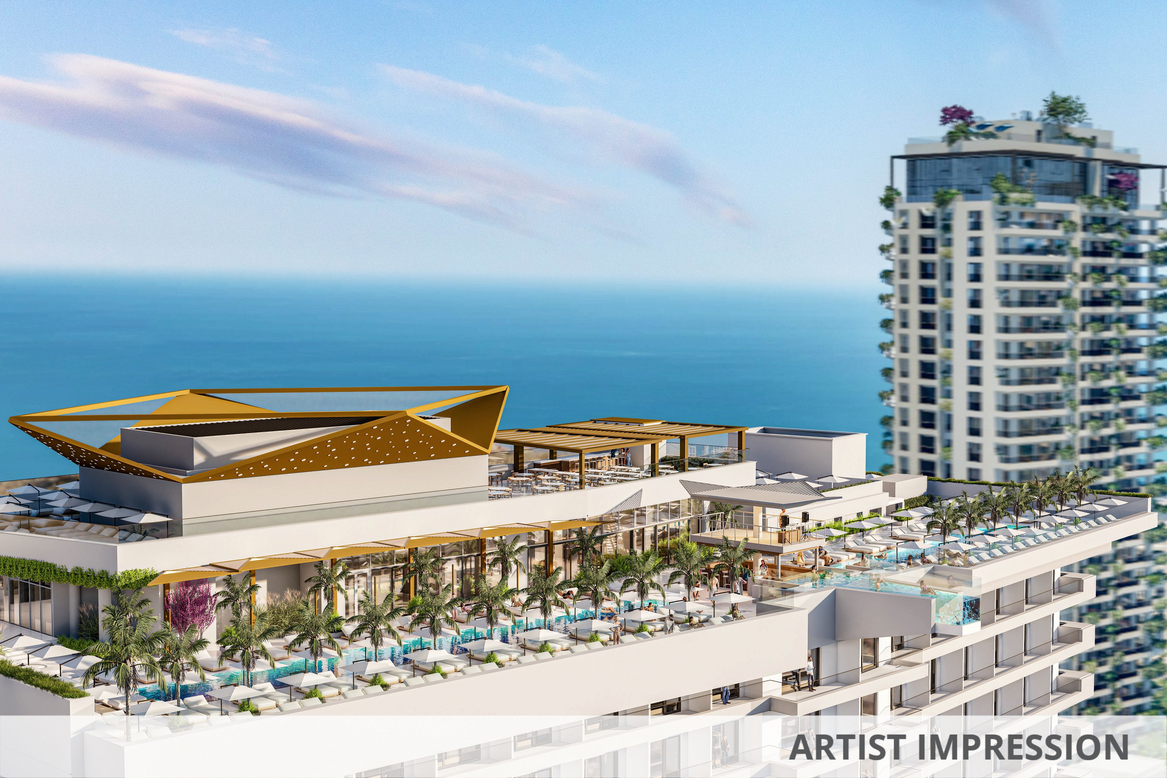 A modern high-rise building features an expansive rooftop pool and lounge area with numerous sunbeds and palm trees. The setting is coastal, with the ocean visible in the background and another tall residential tower nearby. The scene is bright and airy, evoking a relaxed, upscale resort atmosphere with contemporary architectural elements.