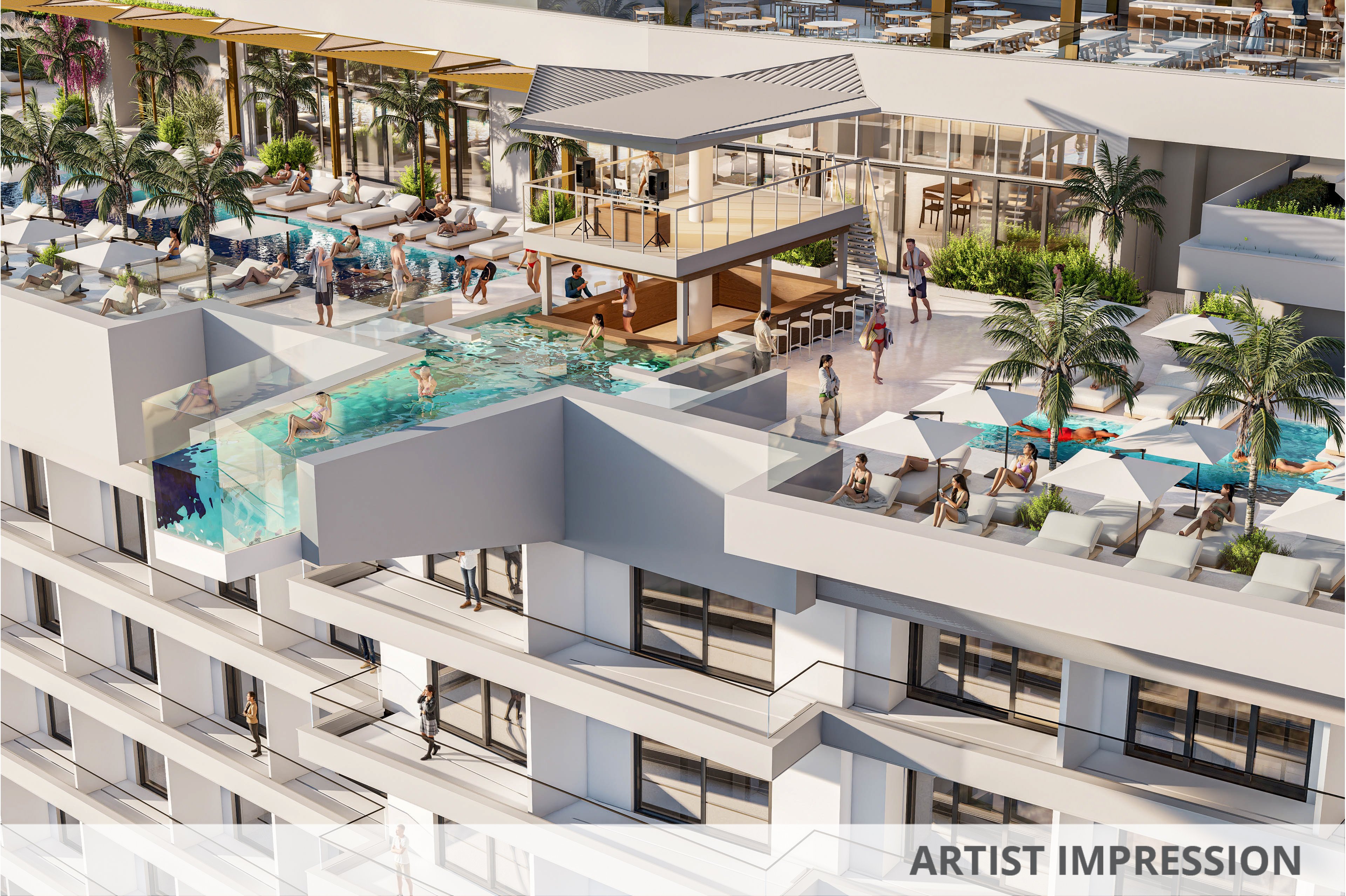 A contemporary rooftop scene features a glass-walled infinity pool extending from a high-rise hotel. Guests relax on sun loungers and socialize around the poolside bar, surrounded by palm trees and shaded seating areas. The setting is bright and stylish, with a resort-like ambiance and a mix of adults enjoying leisure activities. No visible text or numbers are present in the image.