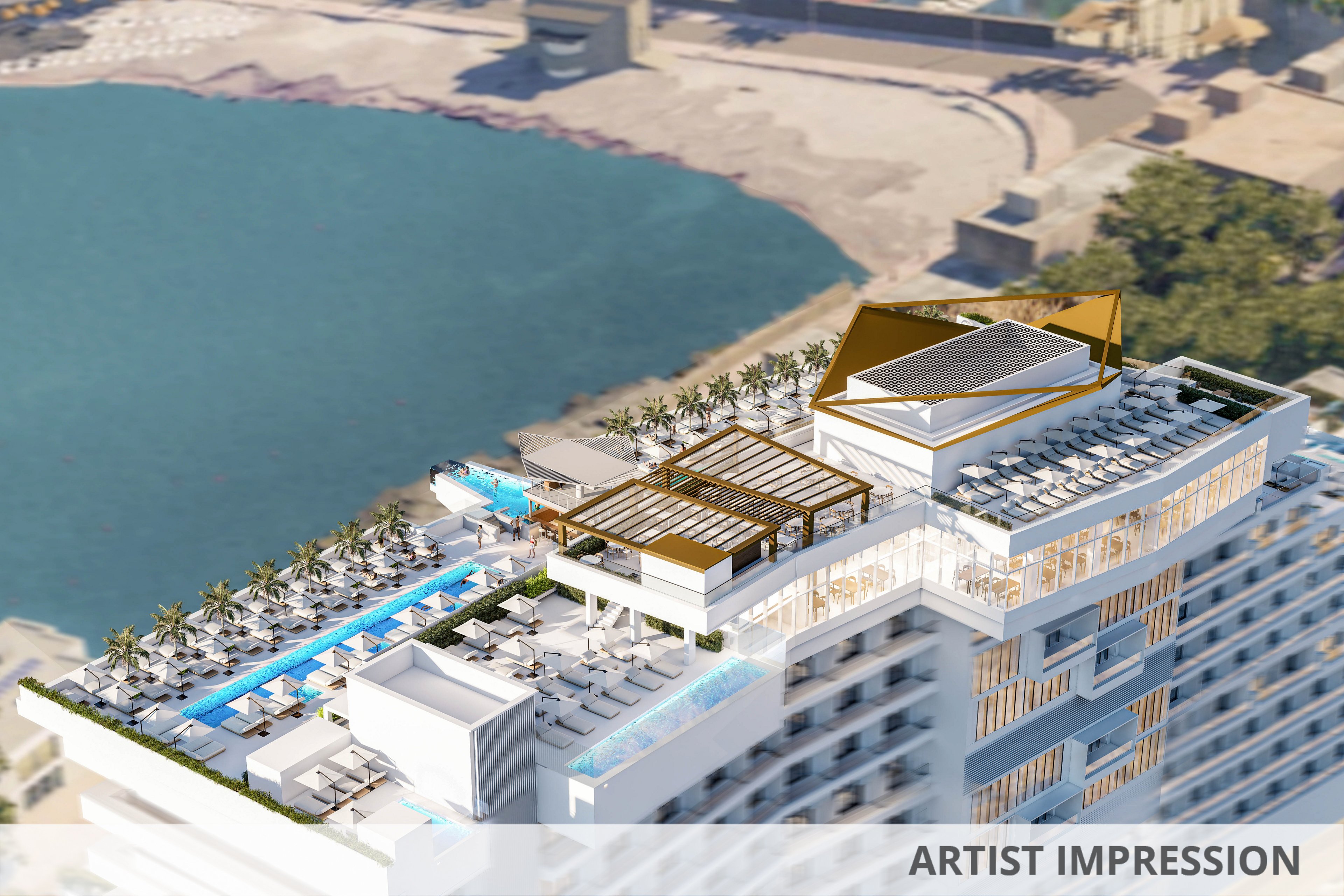 A modern high-rise building features an expansive rooftop pool and lounge area with sunbeds and shaded pergolas. The setting overlooks a scenic waterfront, with palm trees lining the poolside and a clear blue sky above. The architecture is contemporary, with clean lines and glass accents, creating a resort-like atmosphere. The mood is relaxed and upscale, ideal for leisure and social gatherings.