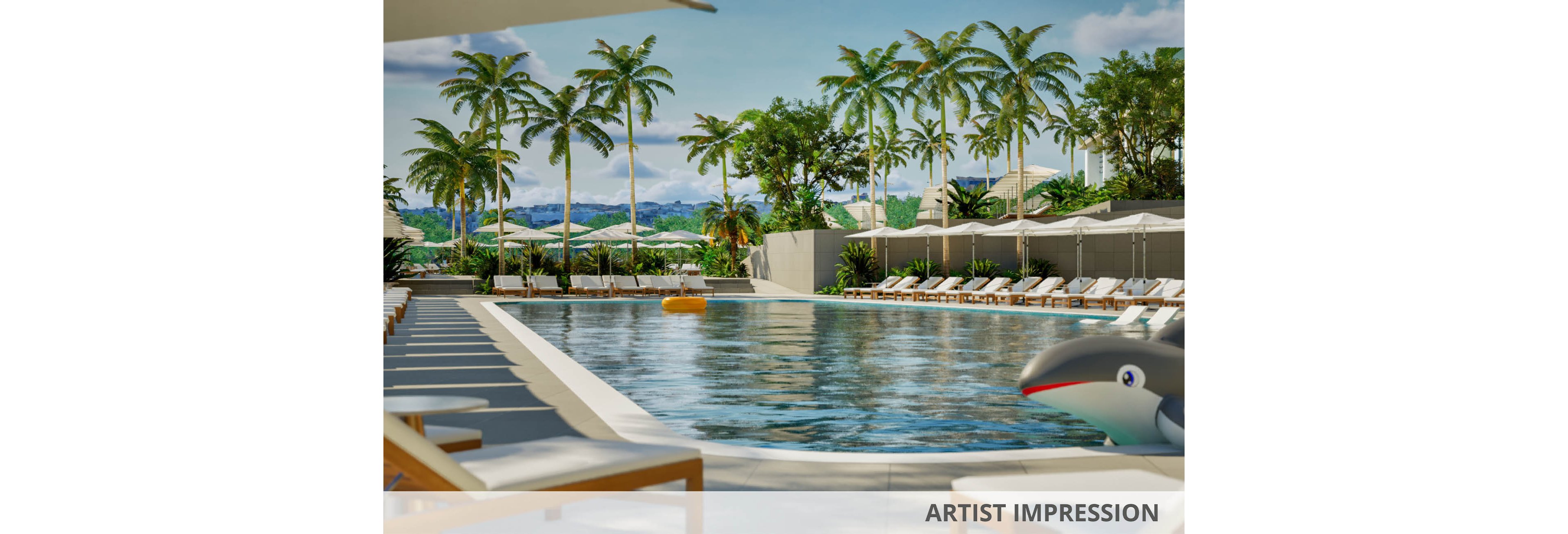 A luxurious outdoor swimming pool is surrounded by wooden lounge chairs and white umbrellas, set amidst tall palm trees. The pool features a playful inflatable dolphin toy floating near the edge and a yellow ring float in the distance. The scene is bright and sunny, evoking a relaxing vacation atmosphere with clear blue skies and lush greenery.
