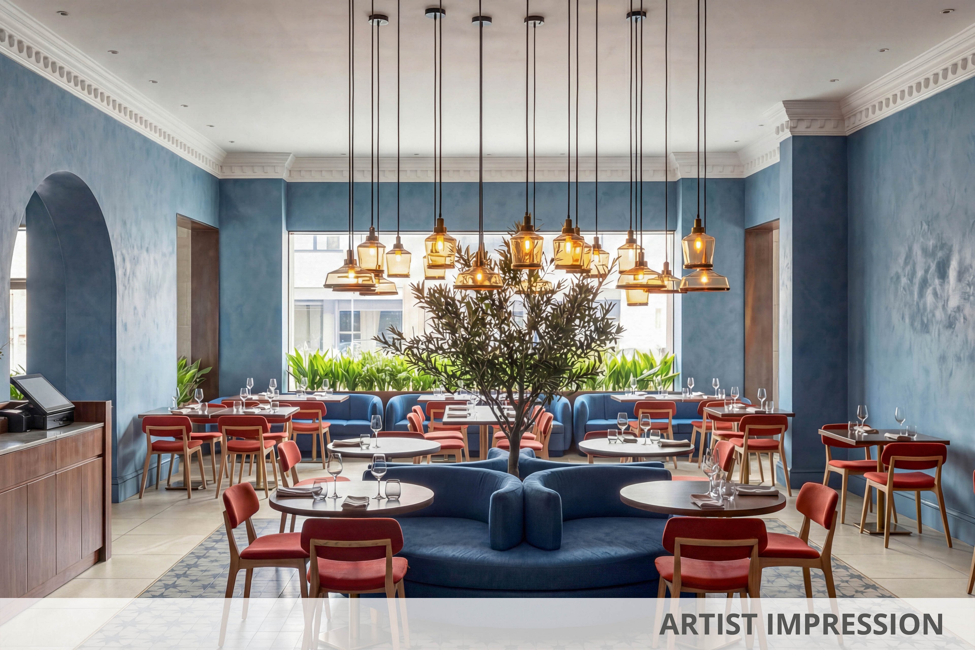 A contemporary restaurant dining area features blue walls and a central circular seating arrangement with a tree as a focal point. Multiple pendant lights hang from the ceiling, casting a warm glow over wooden tables and red-accented chairs. Large windows allow natural light to fill the space, highlighting the elegant and inviting atmosphere. The overall palette is dominated by shades of blue, complemented by natural wood and greenery.