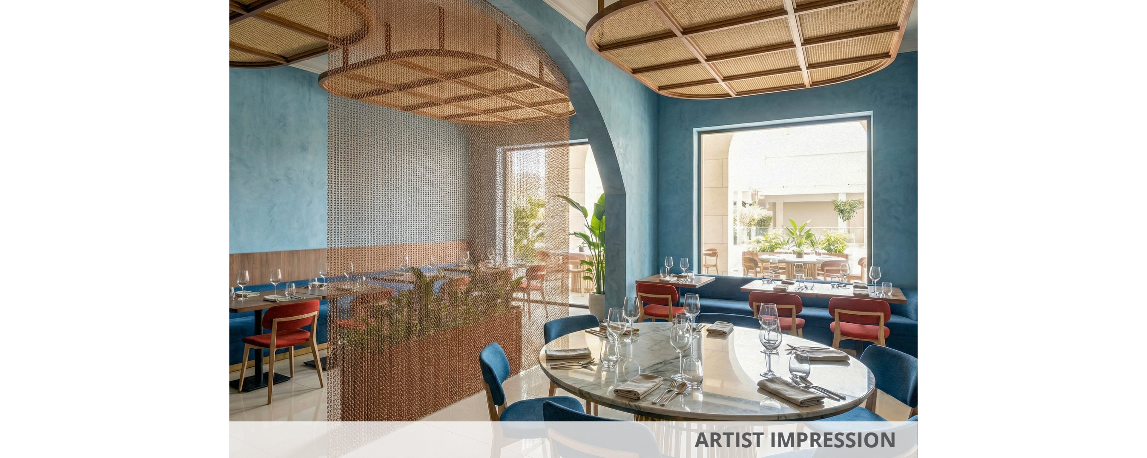 A contemporary restaurant dining area features round tables set with glassware and napkins. The space is defined by blue textured walls, wooden accents, and a mix of blue and red chairs. Large windows allow natural light to fill the room, highlighting the elegant and minimalist decor. The atmosphere is calm and inviting, with a touch of sophistication.
