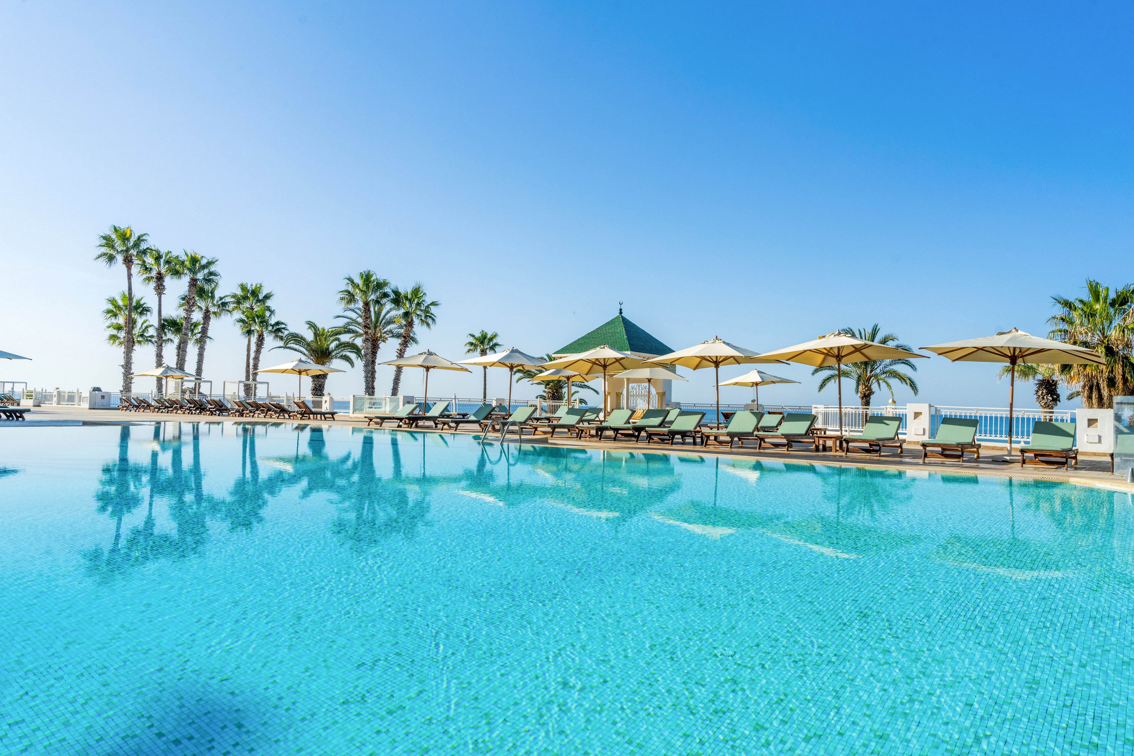 A large, clear swimming pool reflects the bright blue sky at a seaside resort. Sun loungers and umbrellas line the poolside, facing the ocean in the background. Palm trees frame the scene, adding a tropical atmosphere. The overall setting feels calm, sunny, and inviting for relaxation by the water.