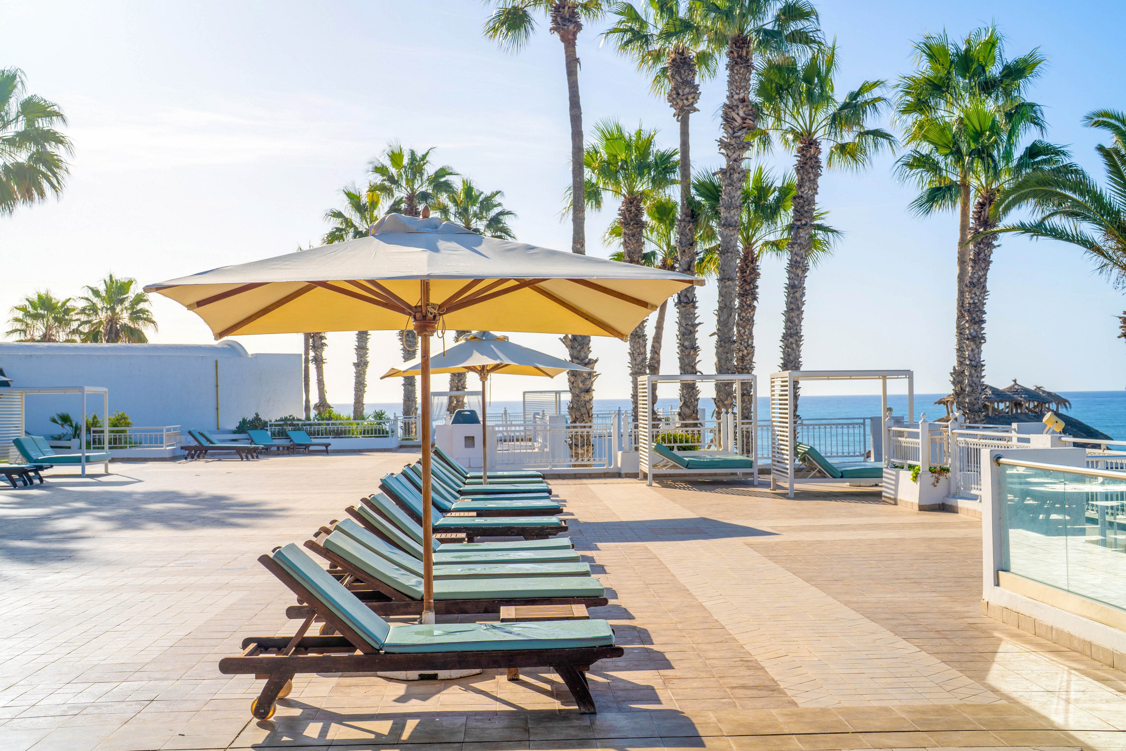 A row of wooden sun loungers with teal cushions sits neatly arranged under large beige umbrellas on a spacious resort deck. Tall palm trees line the background, framing a clear view of the ocean and bright blue sky. The area appears quiet and empty, suggesting an early morning or off-peak moment at a coastal hotel. Clean lines, warm sunlight, and soft pastel tones create a relaxed, vacation atmosphere.