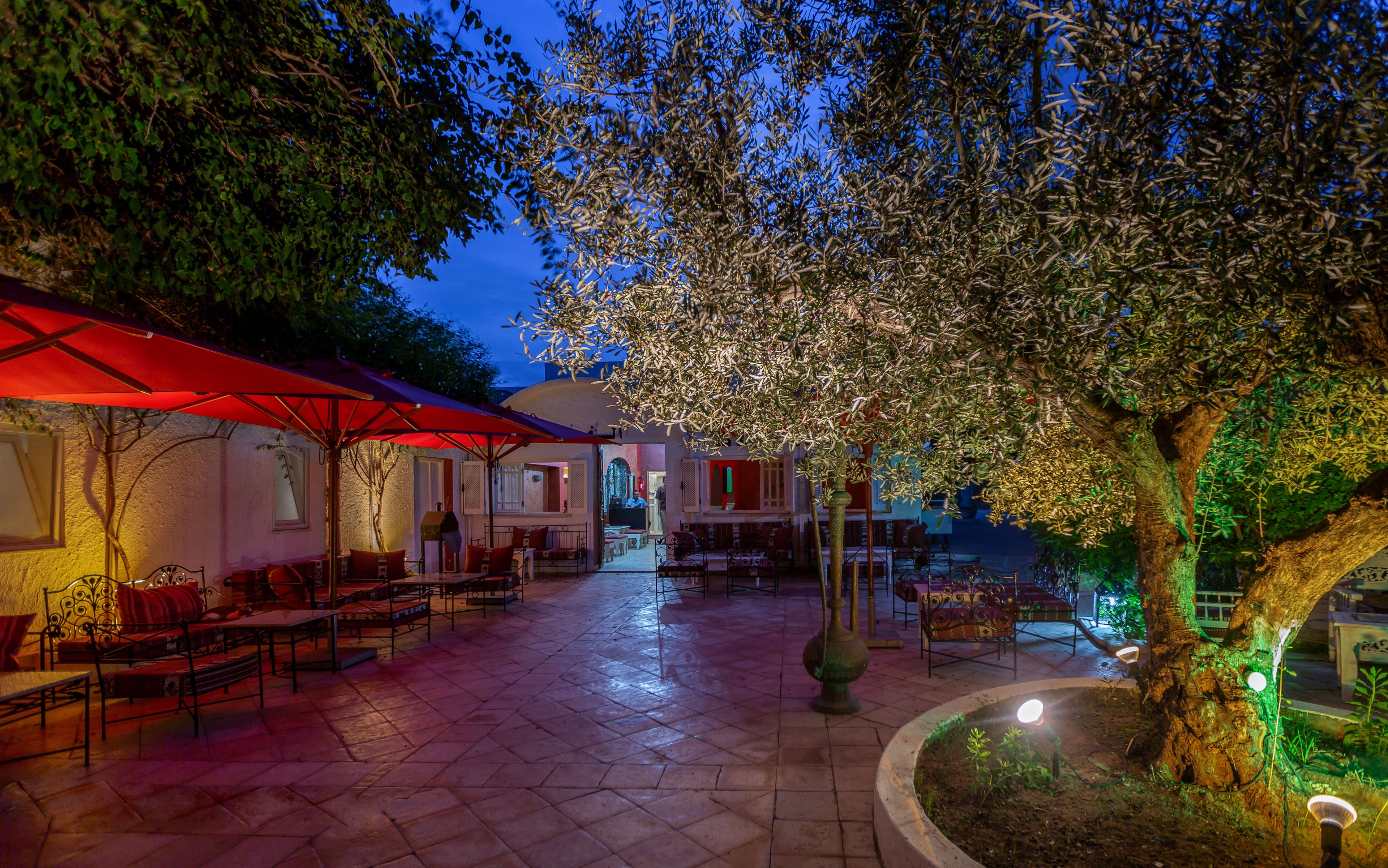 An inviting courtyard cafe is shown at dusk with warm lighting illuminating stone paving and surrounding buildings. Red canopies cover metal tables and chairs arranged along the walls, creating a relaxed outdoor dining area. A large tree and landscaped planter add greenery, while colorful accent lights highlight the foliage and architecture. The deep blue evening sky contrasts with the yellow and magenta lights, giving the scene a vibrant yet tranquil atmosphere.