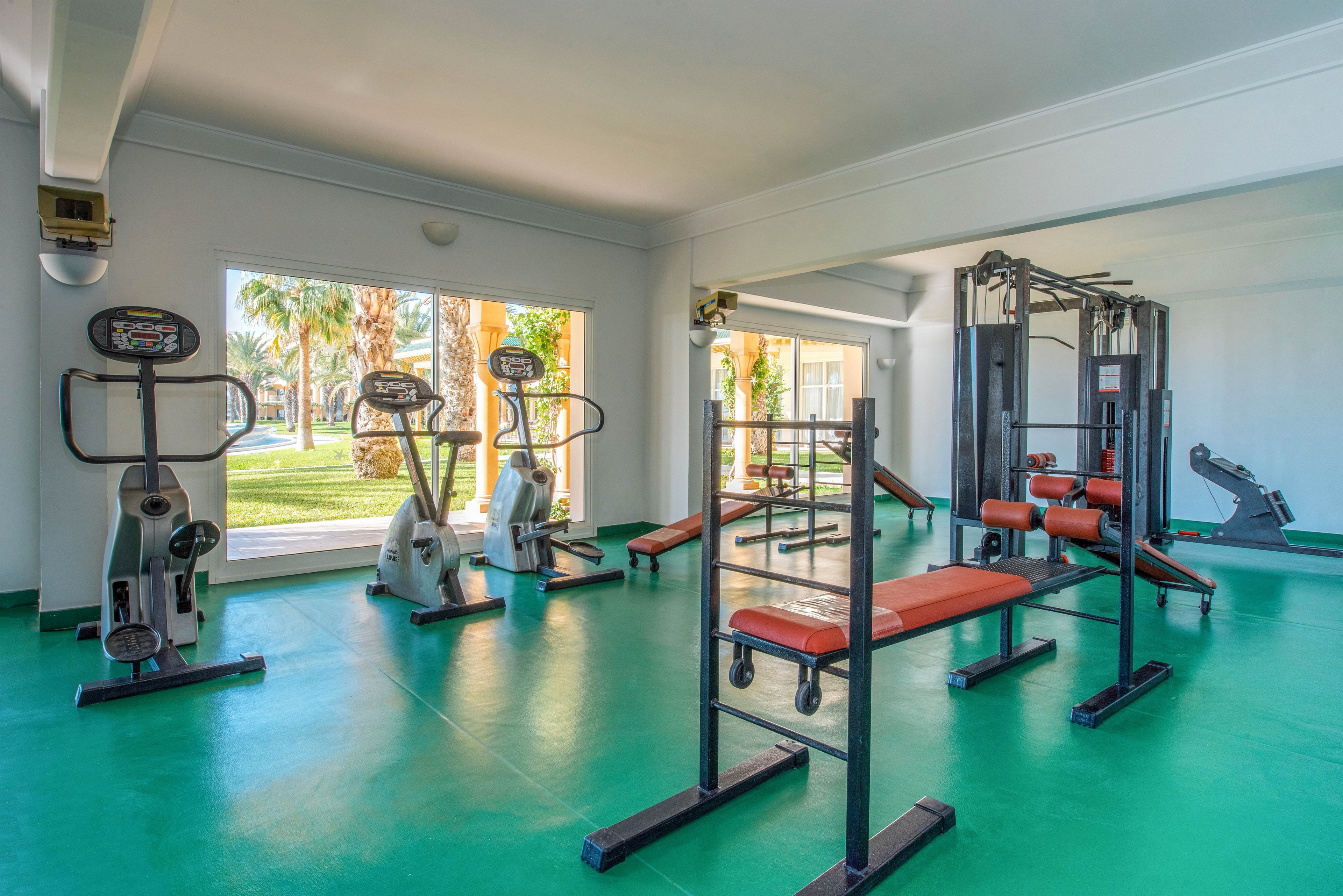 Spacious indoor gym featuring various exercise machines and weight training equipment. The room has a bright green floor and large windows overlooking a garden with palm trees. Cardio machines such as stationary bikes and treadmills are arranged along one side, while strength machines and benches occupy the center. Natural daylight fills the clean, empty space, creating an inviting environment for workouts.