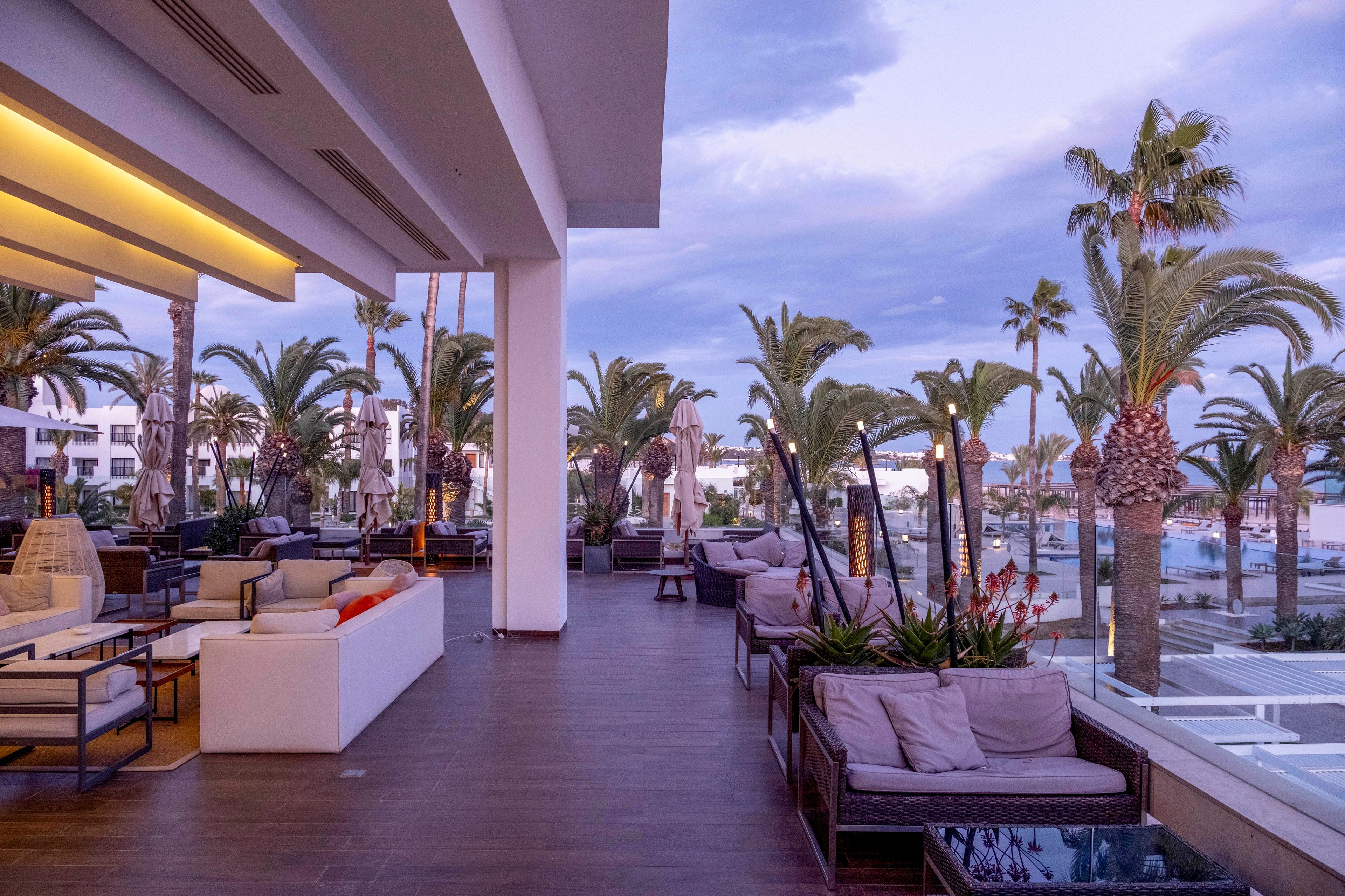 A spacious open-air terrace lounge overlooks a coastal promenade lined with palm trees. Contemporary sofas and armchairs with cushions are arranged along the wooden floor under a sleek white overhang. Soft ambient lighting contrasts with the cool purple-blue tones of the evening sky. The scene suggests a relaxed, upscale resort atmosphere by the sea.