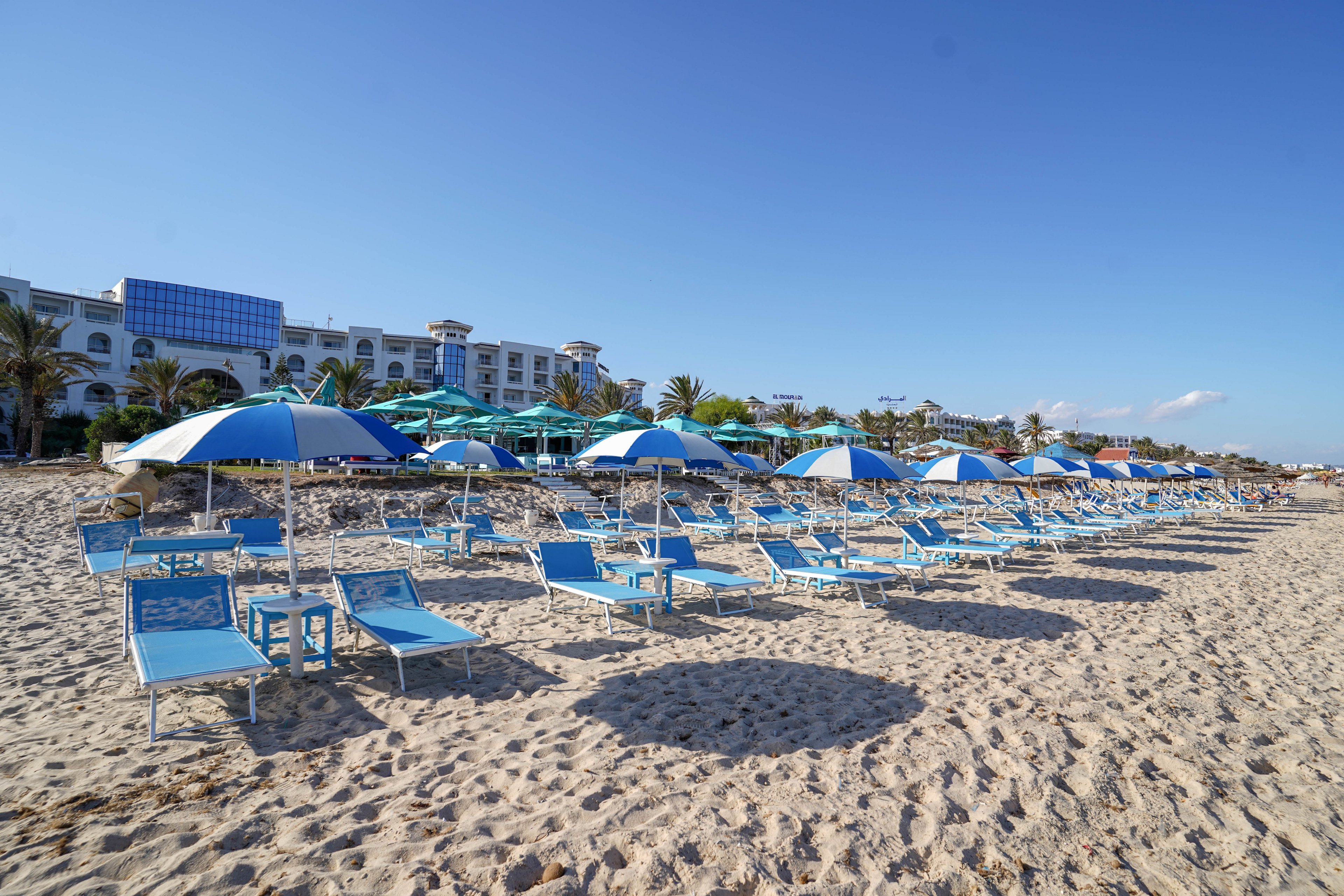 A row of blue sun loungers and umbrellas lines a sandy beach in front of a large seaside resort. The white hotel buildings with balconies and palm trees stand in the background under a clear blue sky. The beach appears quiet and empty, suggesting an early morning or off-season scene. The overall atmosphere is calm, sunny, and inviting for vacationers.