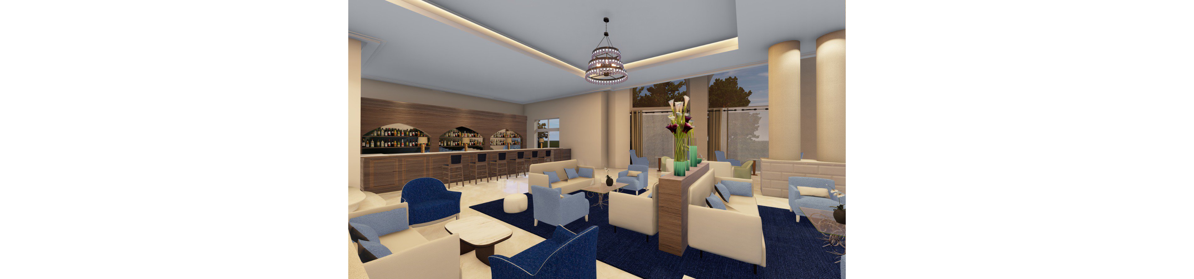 A contemporary hotel lounge features a stylish bar area with high stools and illuminated bottle displays. Neutral-toned sofas and armchairs are arranged in conversational groupings around low tables. Large windows and tall columns frame the space, while recessed ceiling lighting and a central chandelier add warmth. A tall floral arrangement on a central console provides a colorful focal point in the sophisticated interior.