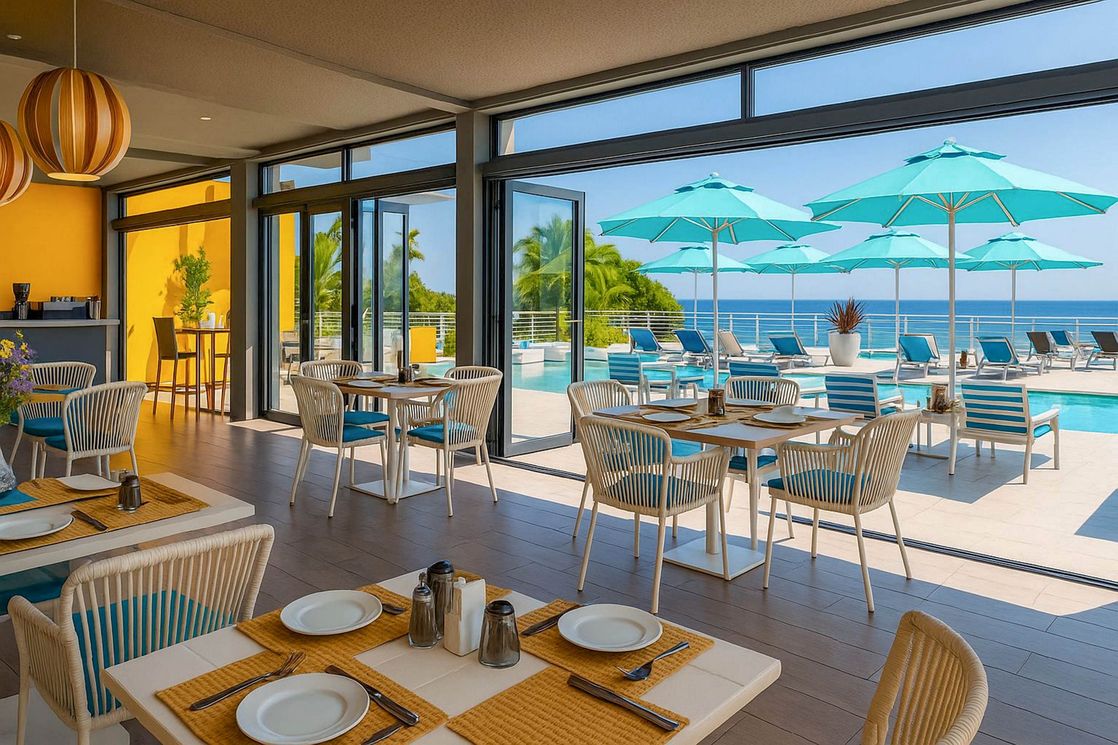A modern open-air restaurant overlooks a sunny pool deck and ocean horizon. Tables are neatly set with white plates, cutlery, and condiments on woven placemats. Large glass doors connect the indoor dining area to an outdoor terrace with turquoise umbrellas and lounge chairs. Bold yellow walls, striped cushions, and tropical palm trees create a vibrant, summery atmosphere.
