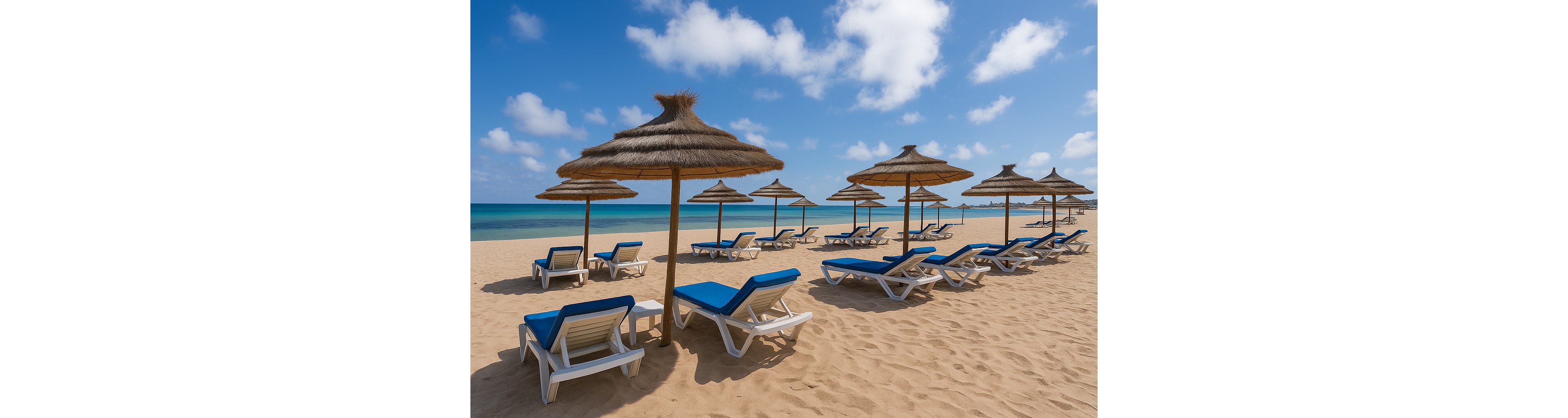 A row of blue-cushioned sun loungers sits neatly arranged on a sandy beach under straw parasols. The scene overlooks calm turquoise water meeting a clear blue sky with scattered white clouds. No people are present, emphasizing a peaceful and relaxing vacation atmosphere. The bright daylight and vivid colors suggest a warm, sunny coastal destination.