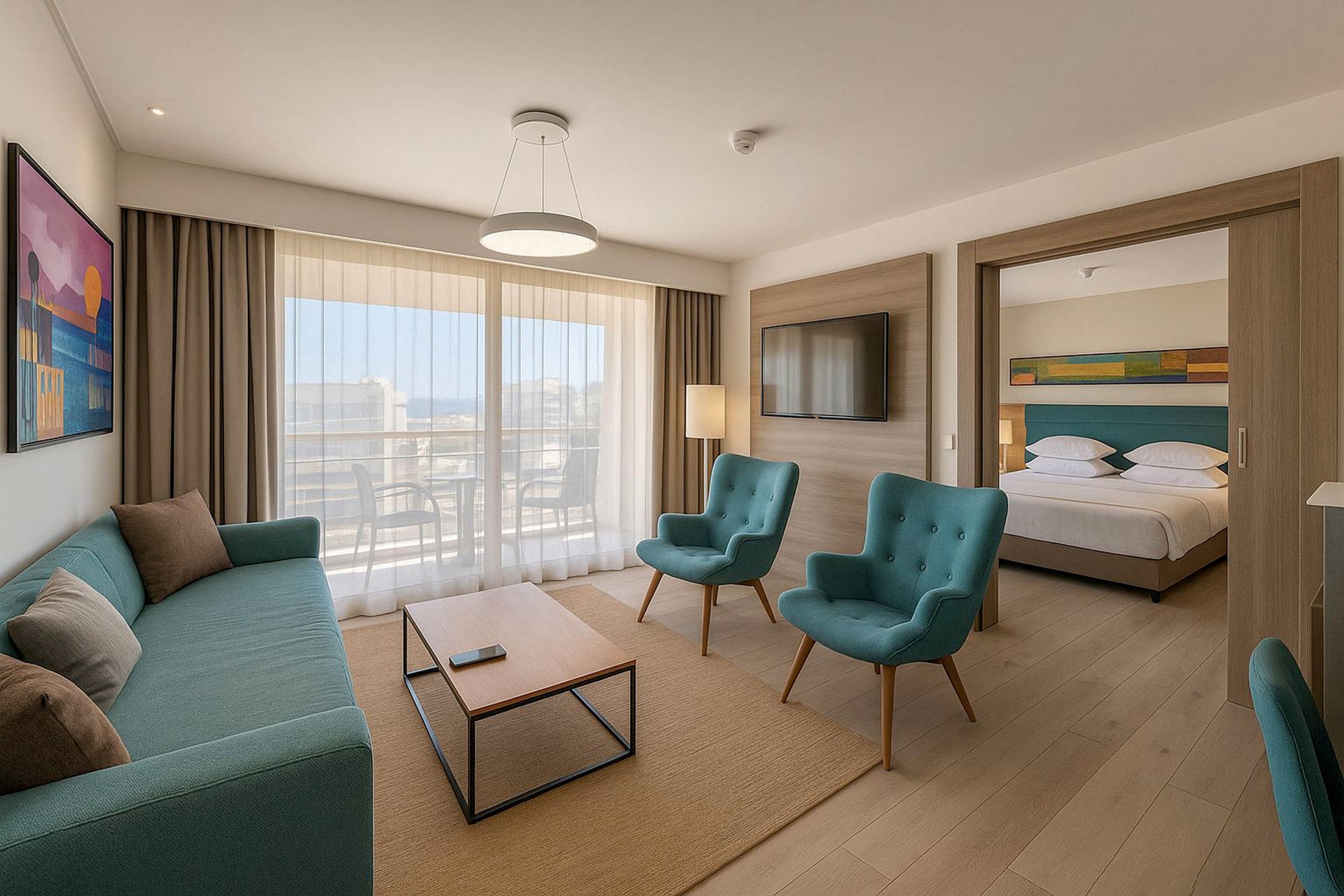 A contemporary hotel suite features a bright living room with a teal sofa, two matching armchairs, and a wooden coffee table. Floor-to-ceiling windows with sheer curtains open to a balcony, filling the space with natural light. A flat-screen TV is mounted on the wall opposite the seating area, and a doorway reveals a neatly made double bed in the adjoining bedroom. Neutral tones and clean lines create a calm, minimalist atmosphere suitable for relaxation or business travel.