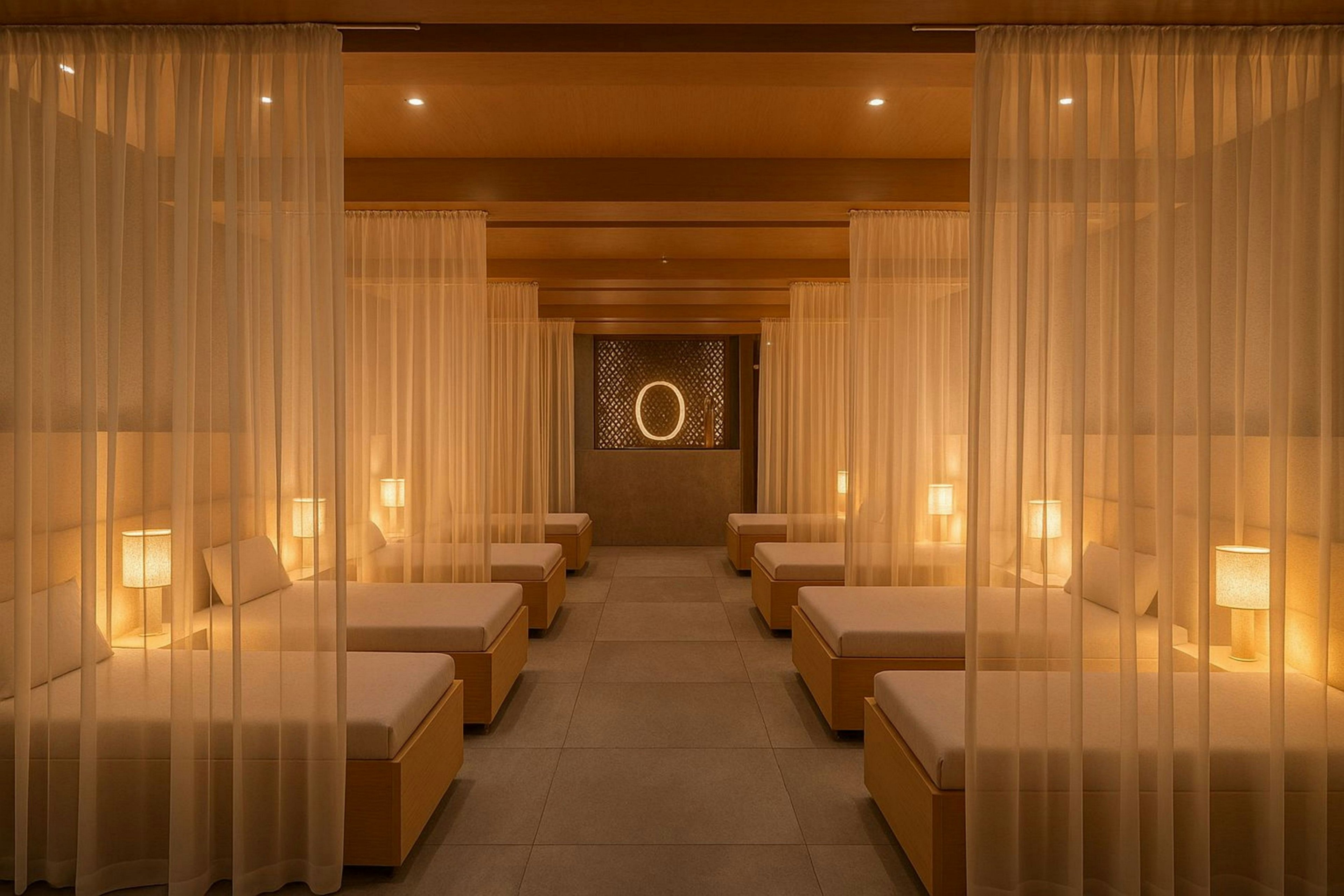 A softly lit spa relaxation room features multiple single beds arranged in two rows. Sheer curtains hang between the beds, creating private, intimate spaces for guests. Warm ambient lighting from bedside lamps and recessed ceiling lights gives the room a golden glow. A circular illuminated feature on the back wall adds a modern focal point to the tranquil setting.