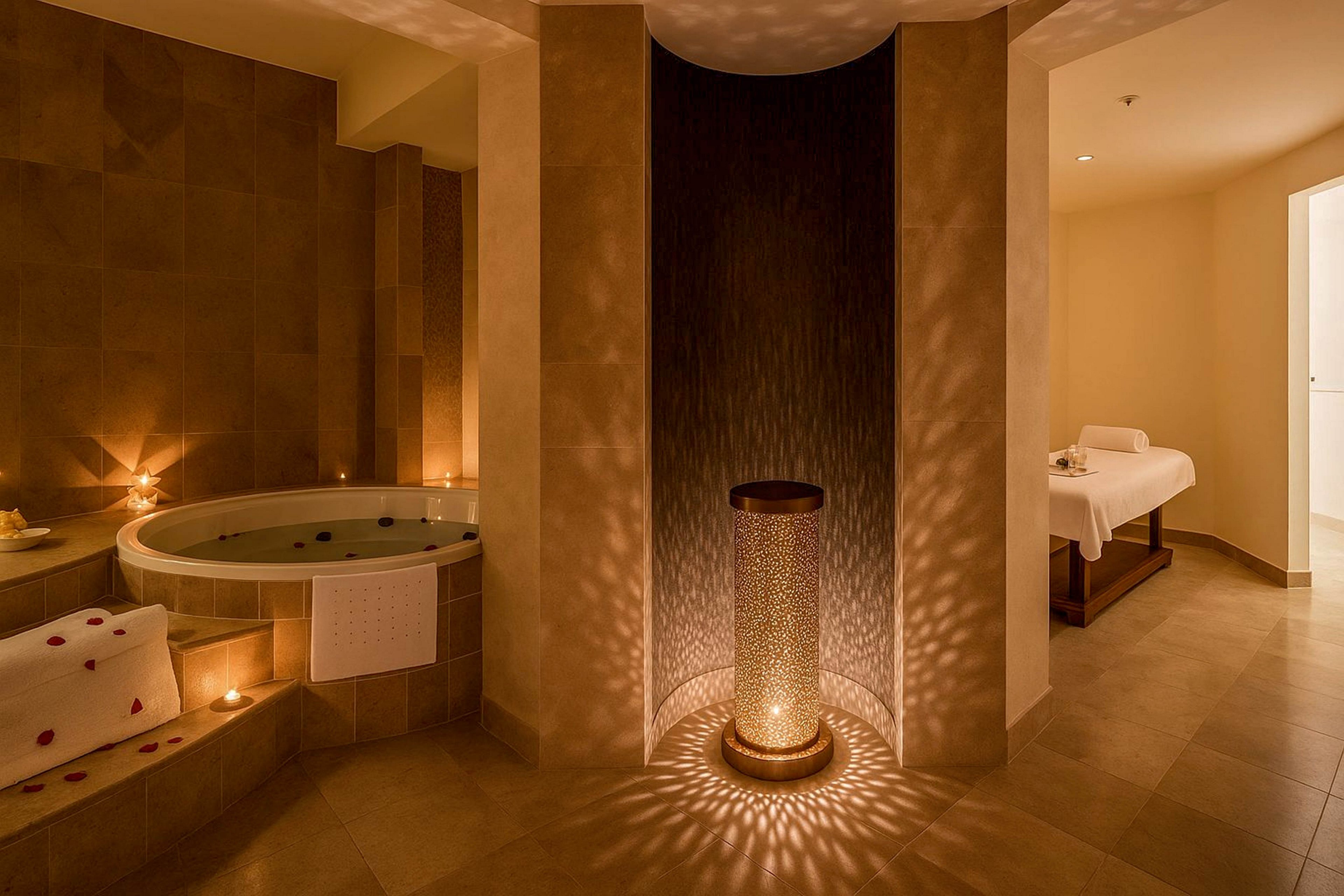 A warm, softly lit spa room features a round jacuzzi tub filled with water and scattered rose petals. Nearby, a massage table is prepared with white linens and towels, ready for a relaxing treatment. A decorative cylindrical light fixture casts intricate patterns on the floor and walls, enhancing the tranquil ambiance. Candles and neutral beige tones create a serene, intimate atmosphere ideal for wellness and relaxation.