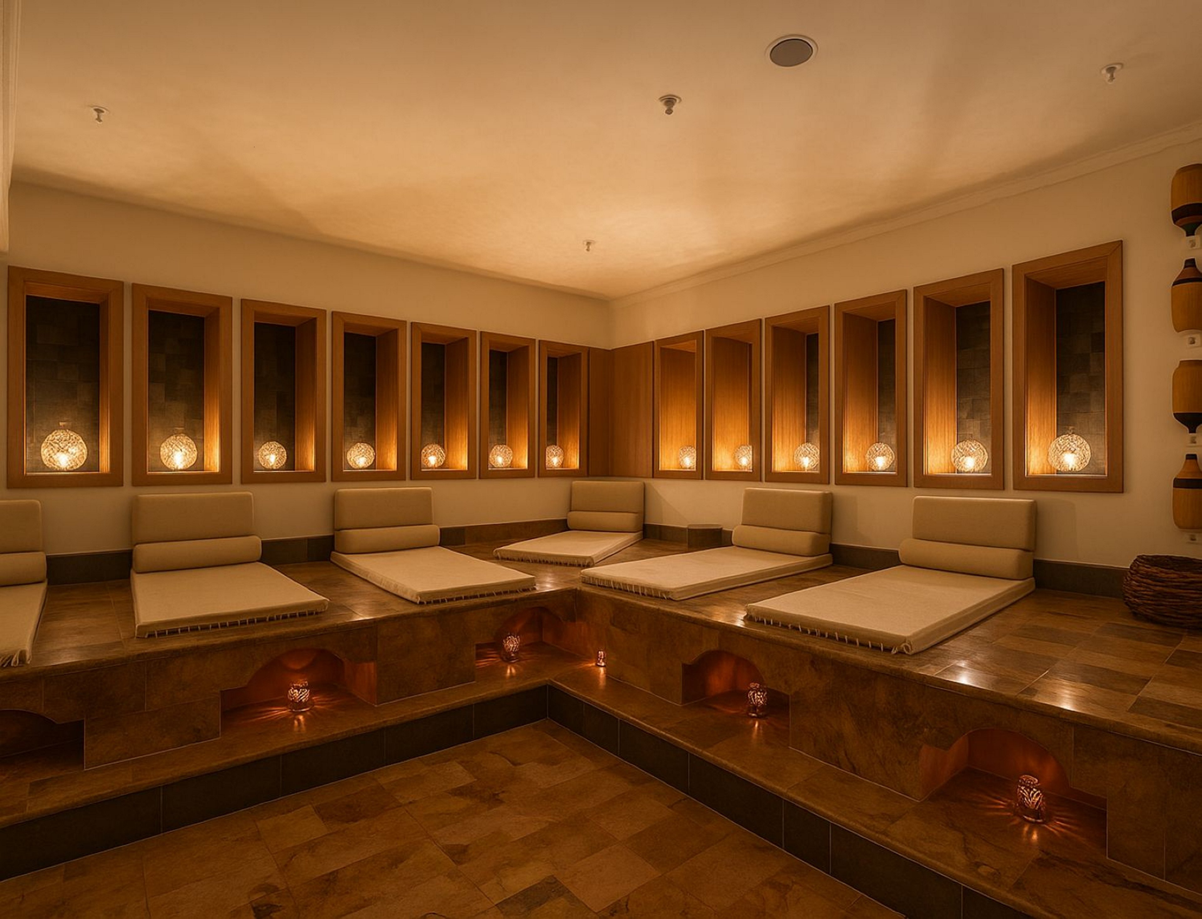 A serene spa relaxation room features cushioned seating arranged along tiled platforms. Soft, warm lighting from numerous candles creates a tranquil and intimate atmosphere. Recessed alcoves and wooden wall panels add depth and texture to the space. The overall scene suggests a quiet area for rest, meditation, or post-treatment relaxation.