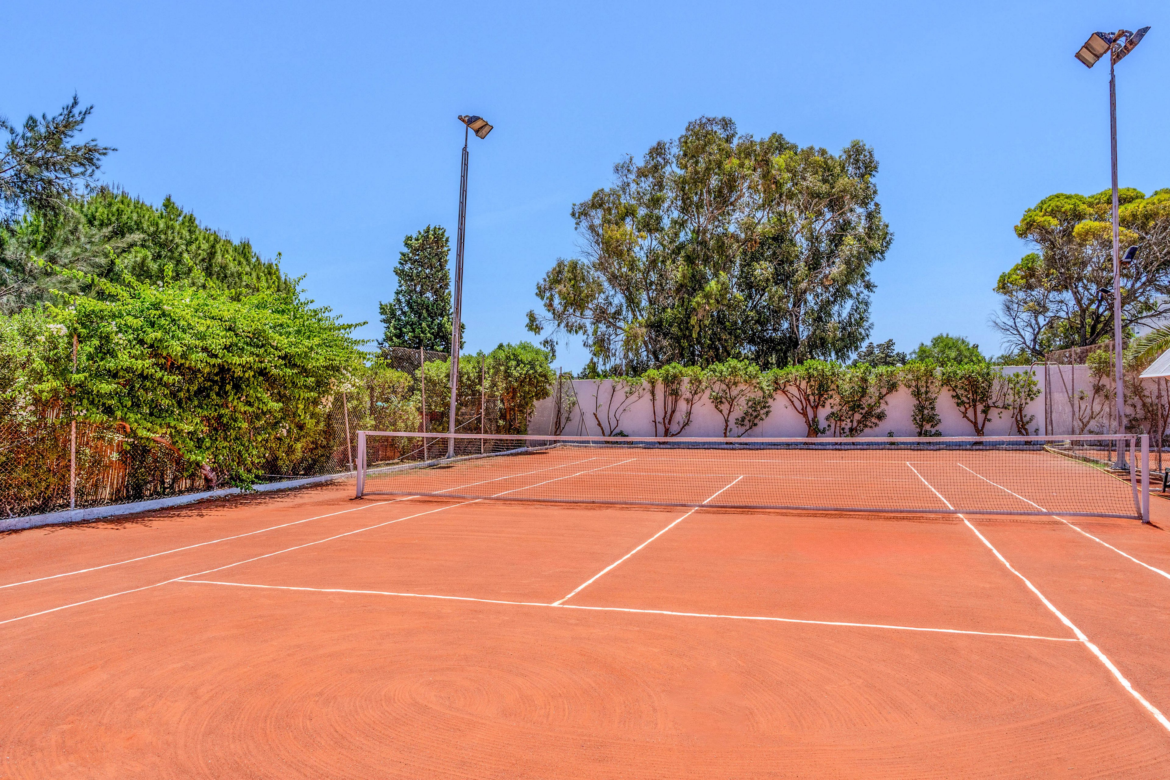 A red clay tennis court sits empty under a bright blue sky. Tall trees and dense green shrubs surround the court, enclosed by a light-colored wall and chain-link fencing. Overhead floodlights rise above the playing area, suggesting use during evening matches. The scene feels calm and quiet, emphasizing the clean lines and open space of the court.