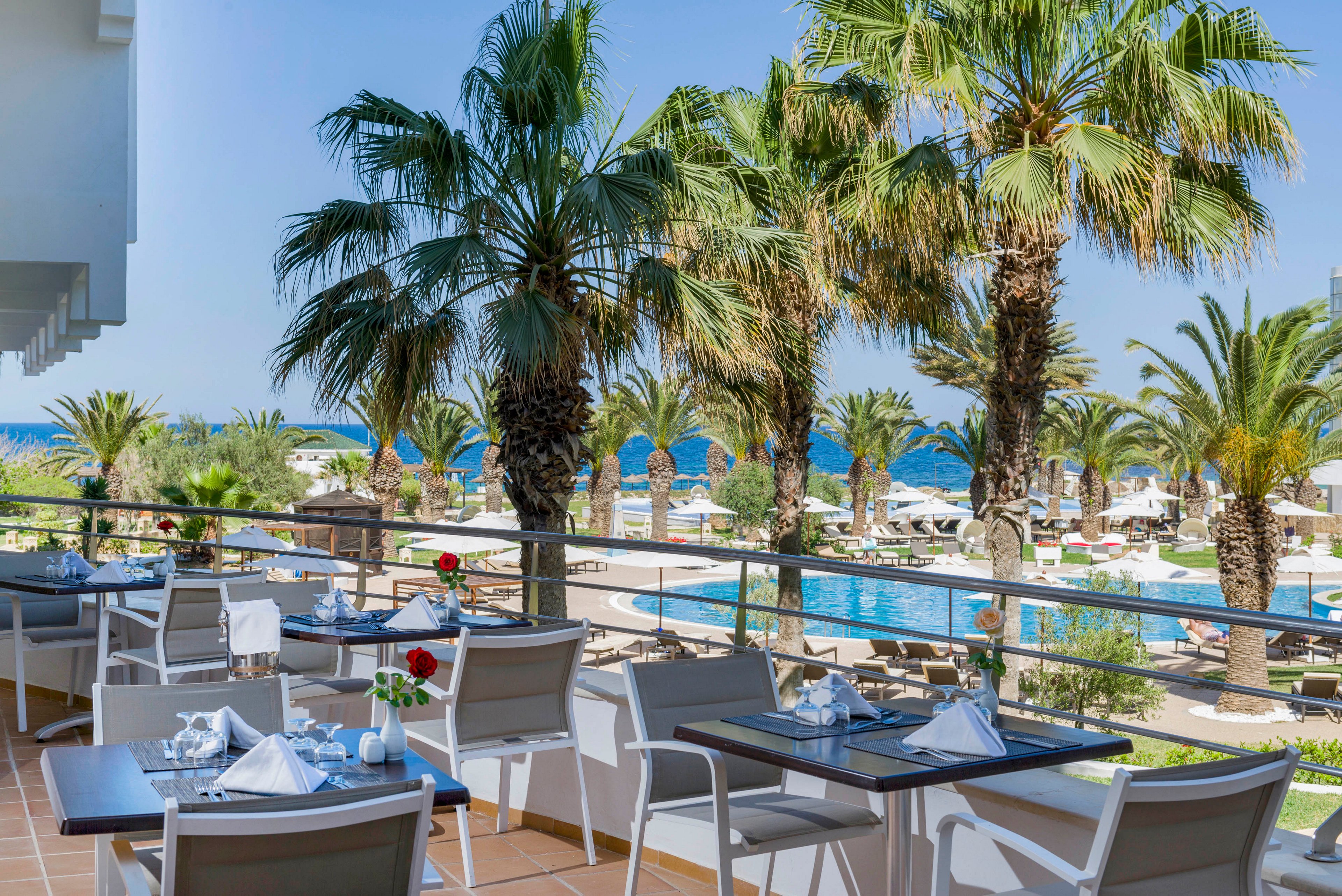 An outdoor restaurant terrace overlooks a resort pool area lined with tall palm trees. Tables are neatly set with white tablecloths, napkins, glassware, and a single red rose centerpiece. Sun loungers and umbrellas surround the swimming pool, with the blue sea visible in the background. The scene suggests a relaxed vacation atmosphere in a warm coastal destination.