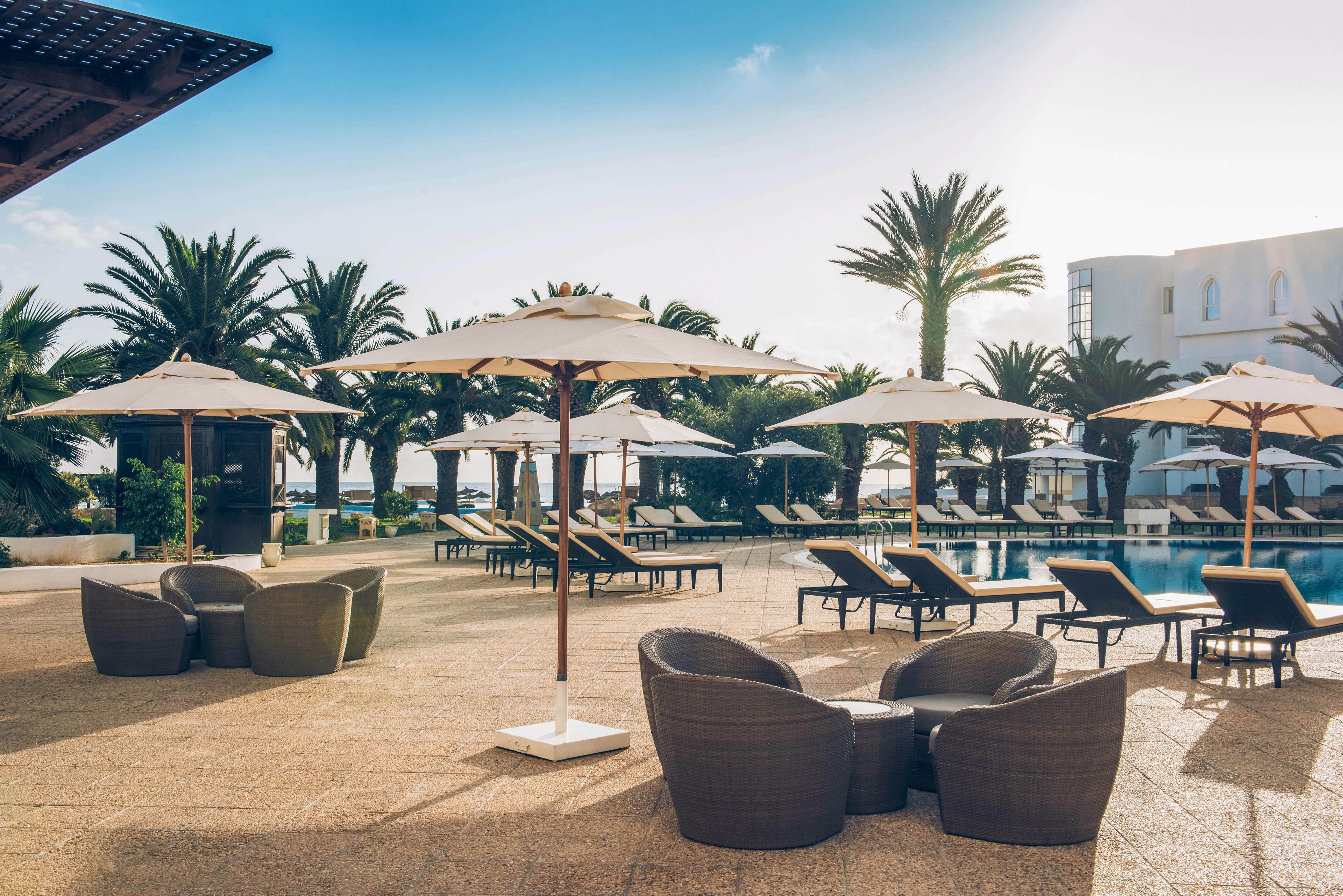 An inviting resort pool area features wicker lounge chairs and round armchairs arranged under large white umbrellas. The scene overlooks a calm swimming pool framed by tall palm trees and tropical greenery. Soft morning or late afternoon light casts long shadows across the stone terrace, creating a relaxed vacation atmosphere. White buildings in the background suggest a coastal hotel or spa setting.