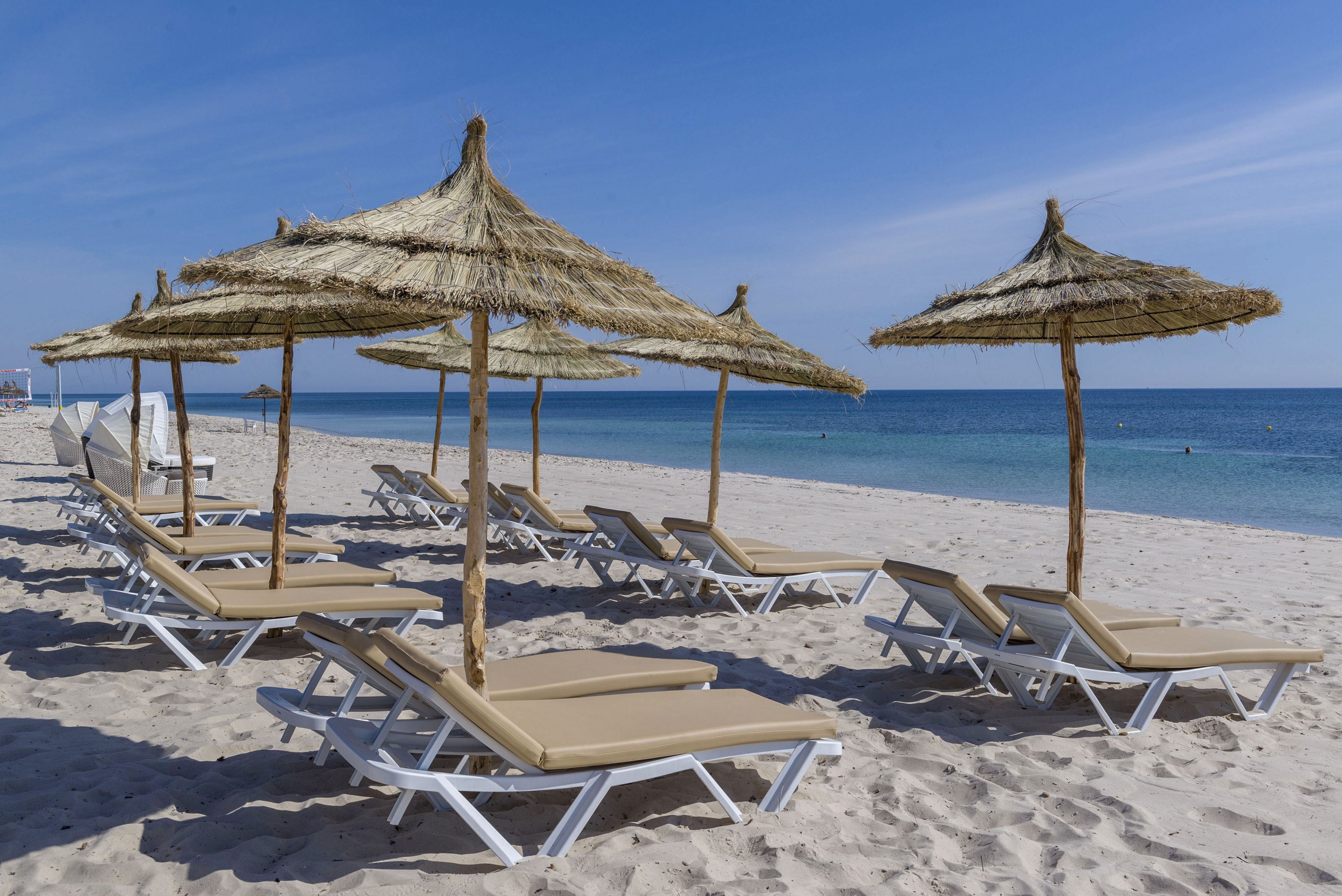 A row of straw parasols shades beige lounge chairs on a bright sandy beach. The scene overlooks calm blue sea water under a clear sky. No people are present, emphasizing a peaceful and relaxing vacation atmosphere. The composition highlights leisure, summer tourism, and coastal recreation.