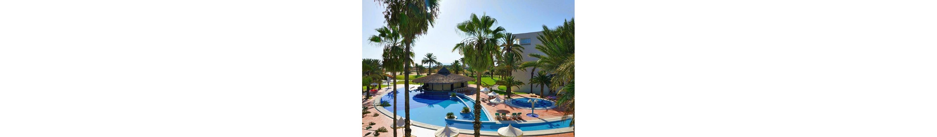 A large resort swimming pool curves around a central thatched-roof bar surrounded by tall palm trees. Sun loungers and umbrellas line the poolside, creating a relaxed vacation atmosphere. In the background, green lawns and additional palm trees extend toward the coastline and sea. The bright blue water and clear sky emphasize a sunny, tropical holiday setting.