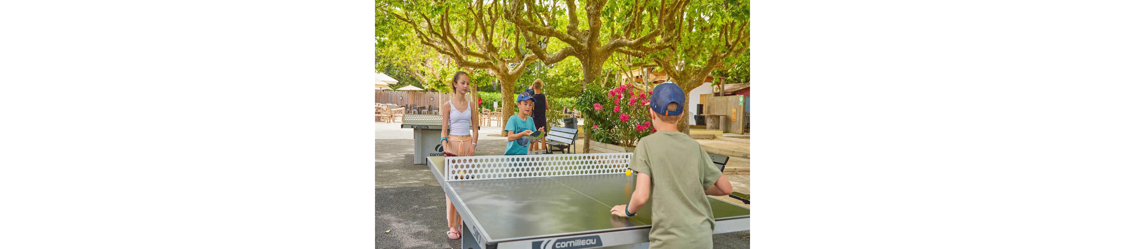 Children and adults enjoy a game of table tennis in a shaded outdoor setting surrounded by lush greenery and vibrant flowers. The Cornilleau table is prominently featured, providing a recreational activity in a relaxed environment. The scene captures a casual and playful mood with natural lighting and summer vibes.