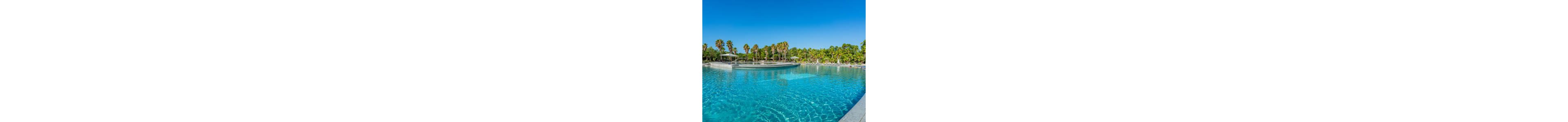 A large, clear blue swimming pool stretches across the foreground under a bright, cloudless sky. Tall palm trees and lush greenery surround the pool, creating a tropical resort atmosphere. Sun loungers and umbrellas are visible along the poolside, suggesting a relaxing vacation setting. The calm water reflects the sunlight, emphasizing a serene and inviting mood.