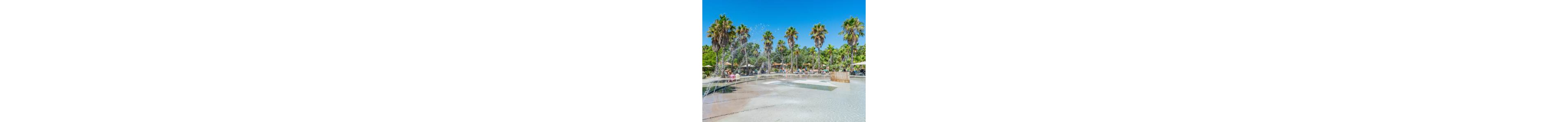 A shallow splash pad with water jets sprays arcs of water into the air under a bright blue sky. Tall palm trees surround the area, creating a tropical atmosphere. People relax on lounge chairs and under umbrellas in the background, enjoying the warm weather. The scene feels like a family-friendly resort or water park set in lush greenery.