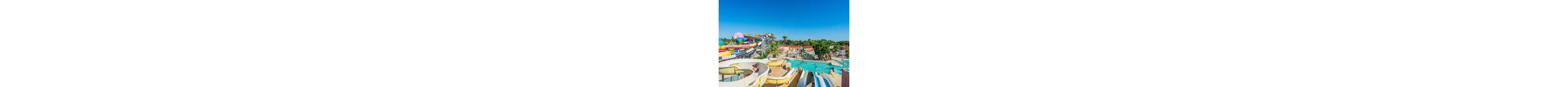 A vibrant outdoor water park features multiple colorful water slides under a clear blue sky. People are enjoying the twisting slides and splash pools surrounded by lush green palm trees. The scene includes tall slide towers, shallow pools, and sunlit walkways. The overall atmosphere is playful, summery, and family friendly.