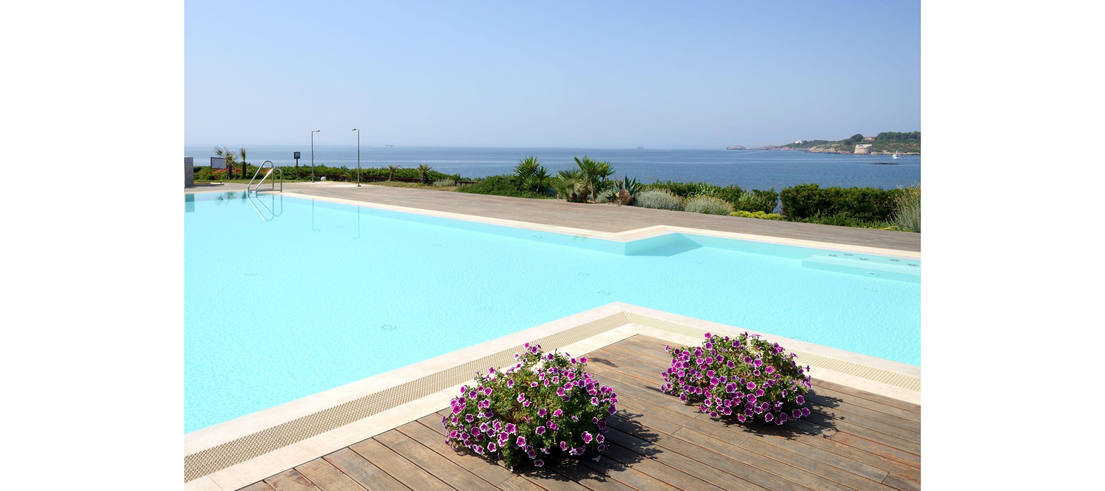 A serene infinity pool sits in the foreground, bordered by a wooden deck and two planters filled with purple flowers. The pool seamlessly blends into the horizon, offering a stunning view of the calm ocean and distant coastline. The setting is tranquil and sunlit, evoking a relaxing and luxurious atmosphere.