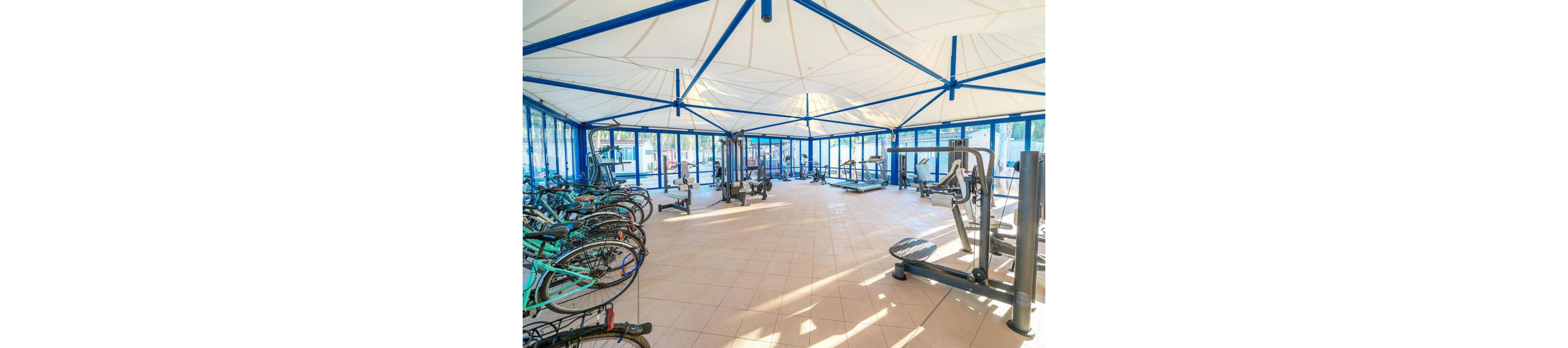 Spacious indoor fitness area featuring a row of bicycles and various strength training machines. The room has large glass windows with blue frames that let in abundant natural light. A white geometric ceiling canopy creates an airy, modern atmosphere. The tiled floor and neatly arranged equipment suggest a clean, organized workout space.