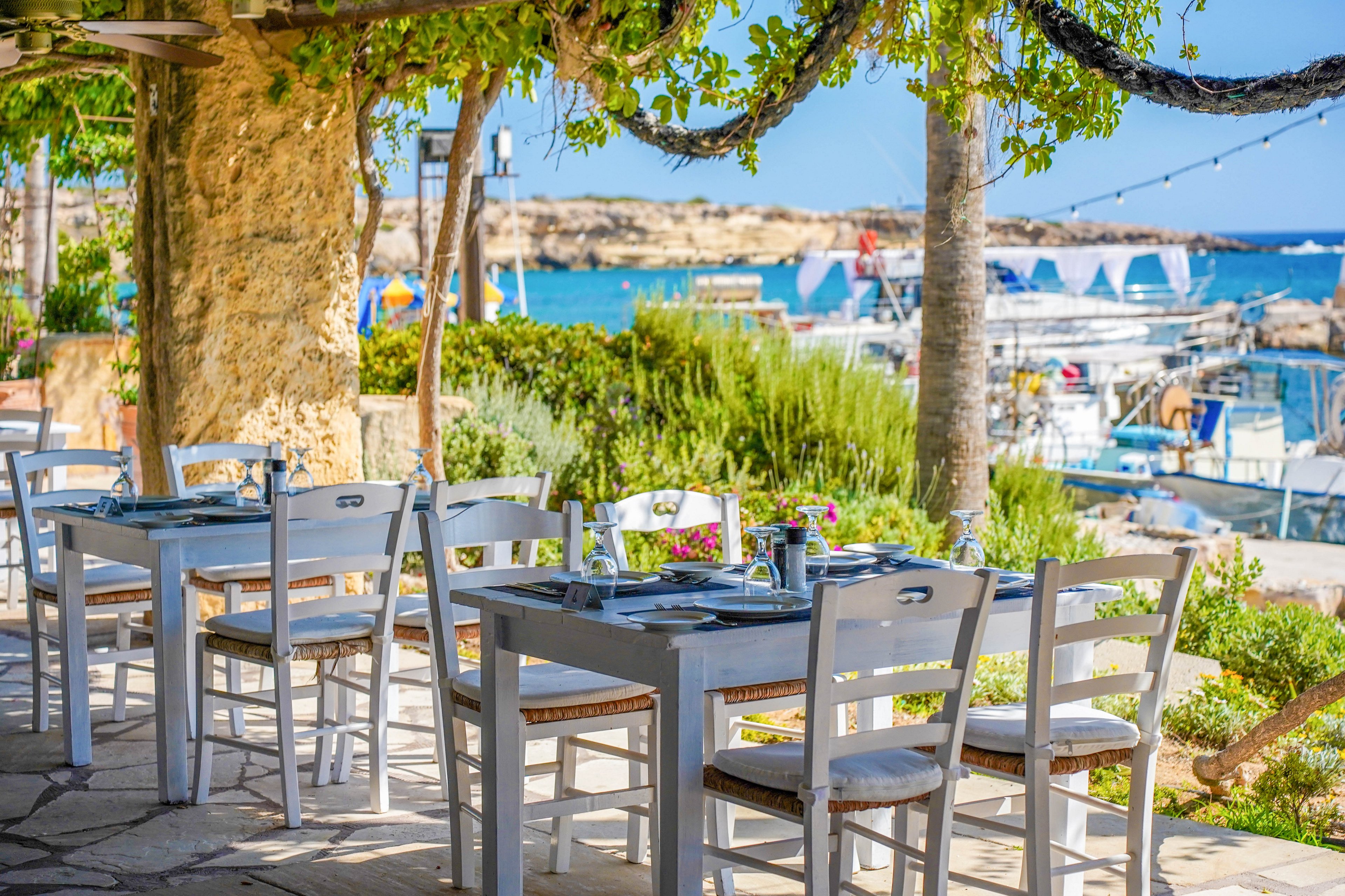 An outdoor seaside restaurant terrace features white wooden tables and chairs set for a meal. The dining area is shaded by leafy vines and surrounded by lush greenery and stone columns. In the background, a bright blue sea, small boats, and a rocky coastline create a picturesque harbor scene. Warm sunlight and vibrant colors evoke a relaxed Mediterranean holiday atmosphere.