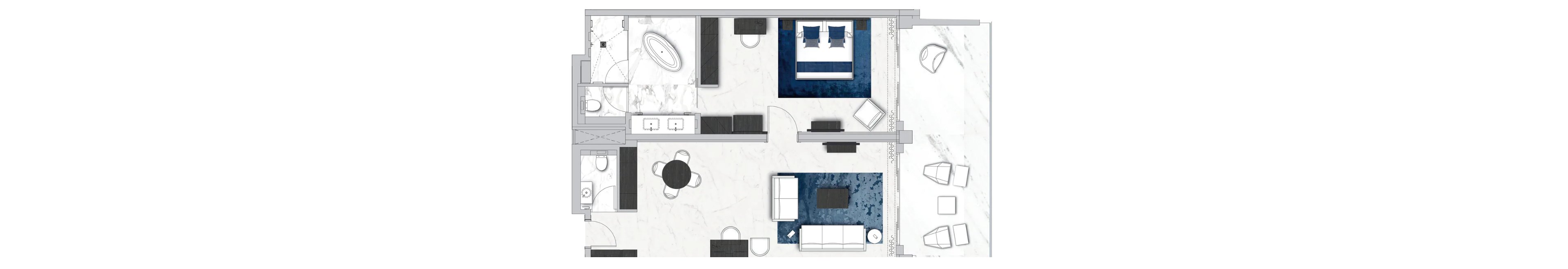 Top-down architectural floor plan of a contemporary one-bedroom suite. The layout shows a bedroom with a large bed, adjacent seating area, and a living room with sofa and coffee table on blue rugs. A bathroom with bathtub, double sinks, and separate toilet area is visible, along with a small dining table and chairs. The design features clean lines, marble-like flooring, and a balanced arrangement of furniture and fixtures.