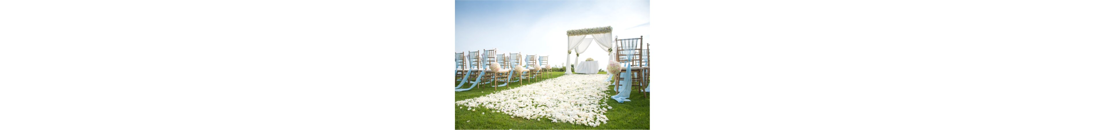 An elegant outdoor wedding ceremony setup features a flower-lined aisle covered in white petals leading to a decorated altar. Wooden chairs with light blue ribbons and floral arrangements are arranged in rows on green grass. A white draped canopy with floral garlands frames the altar table under a bright blue sky. The scene conveys a romantic, serene atmosphere suitable for a formal celebration.