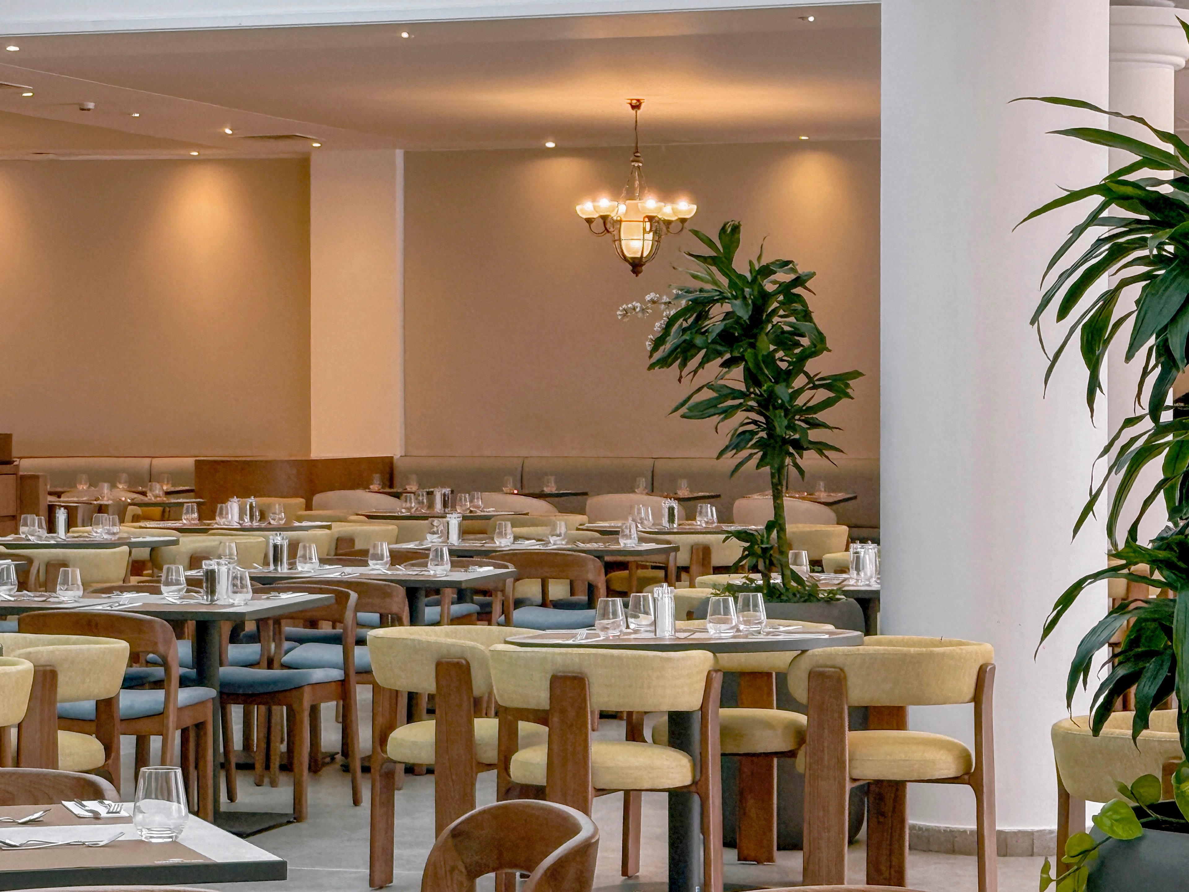 Contemporary restaurant dining room with neatly arranged tables and chairs. Each table is set with clear glassware and white napkins, ready for guests. Warm neutral walls, soft lighting, and a central chandelier create an inviting atmosphere. Green potted plants add a touch of nature to the clean, minimalist design.