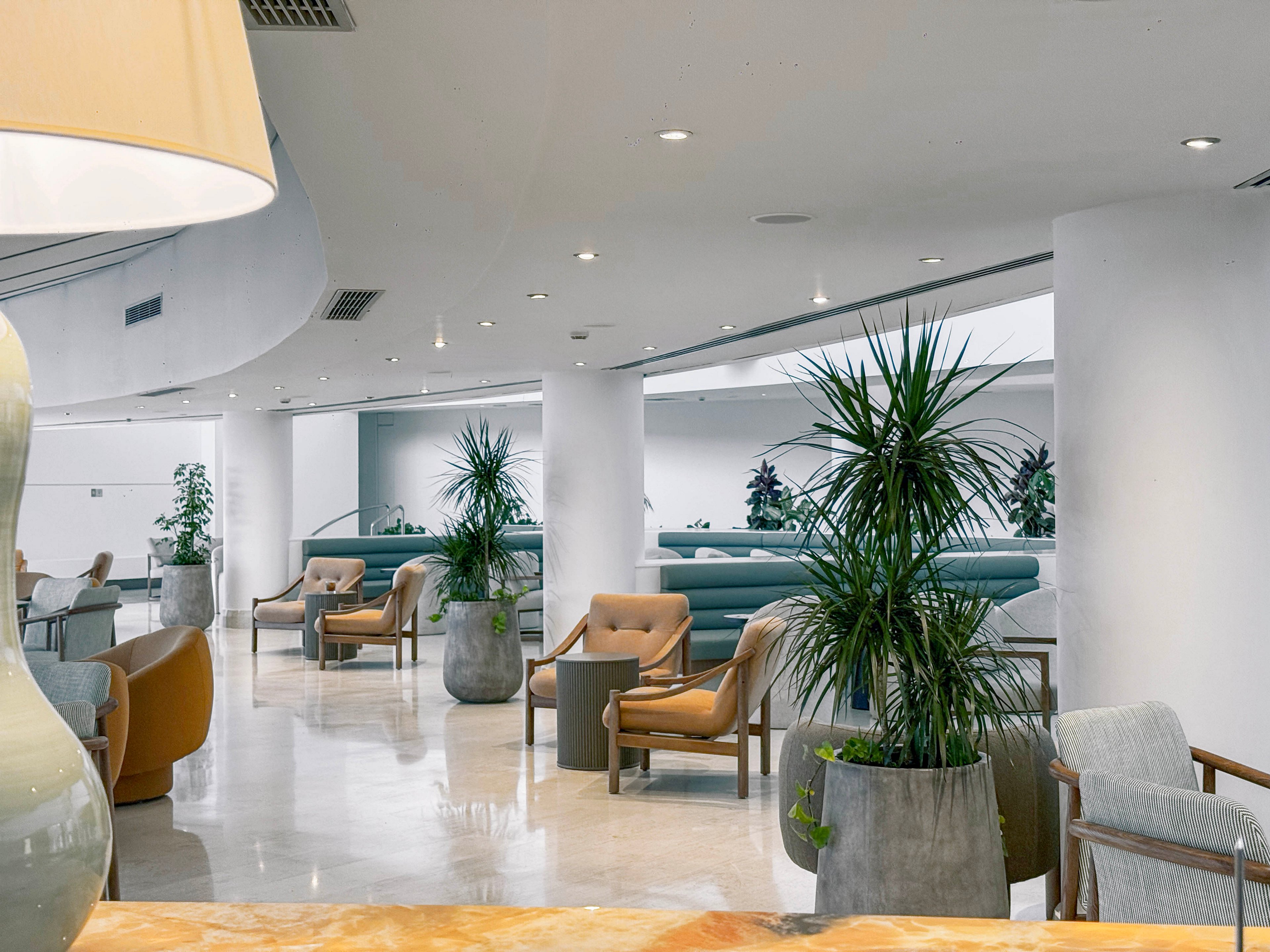A spacious modern lobby features rows of comfortable lounge chairs and small tables arranged for casual seating. The interior is bright with white walls, polished floors, and recessed ceiling lights. Large potted plants add greenery and soften the clean architectural lines. In the foreground, a lamp and stone-topped surface frame the view into the open seating area.