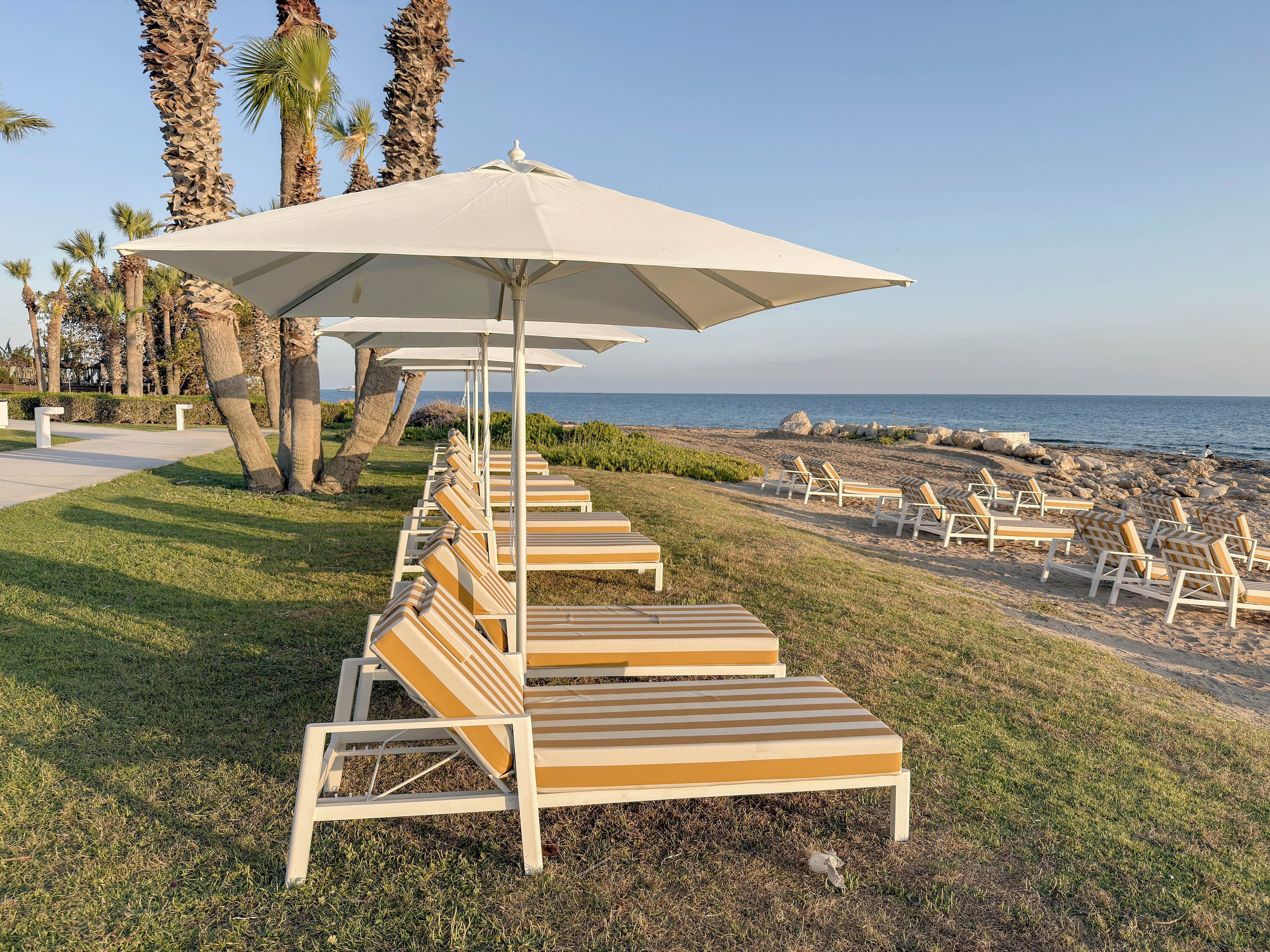 A row of empty sun loungers with striped cushions sits neatly arranged under large white umbrellas on a grassy area by the sea. Palm trees line the path nearby, adding a tropical feel to the coastal setting. Additional loungers are visible on the rocky beach, facing the calm water. The scene is quiet and bathed in warm, late-afternoon sunlight, suggesting a peaceful resort atmosphere.