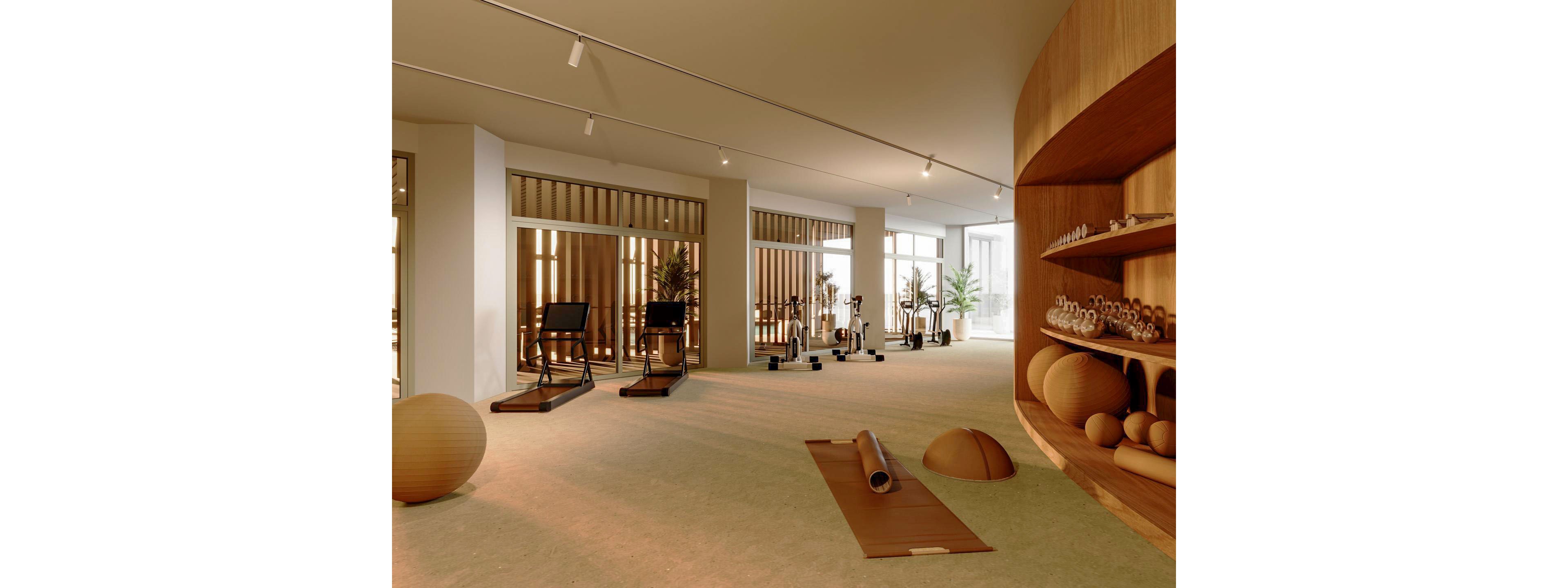 A spacious, contemporary wellness studio features exercise machines and minimalist workout stations. In the foreground, yoga mats, balance balls, and neatly arranged wooden shelves create a calm, organized environment. Large windows and vertical blinds allow natural light to fill the room, highlighting potted plants and warm wood accents. The overall scene conveys a serene, high-end fitness and relaxation space.