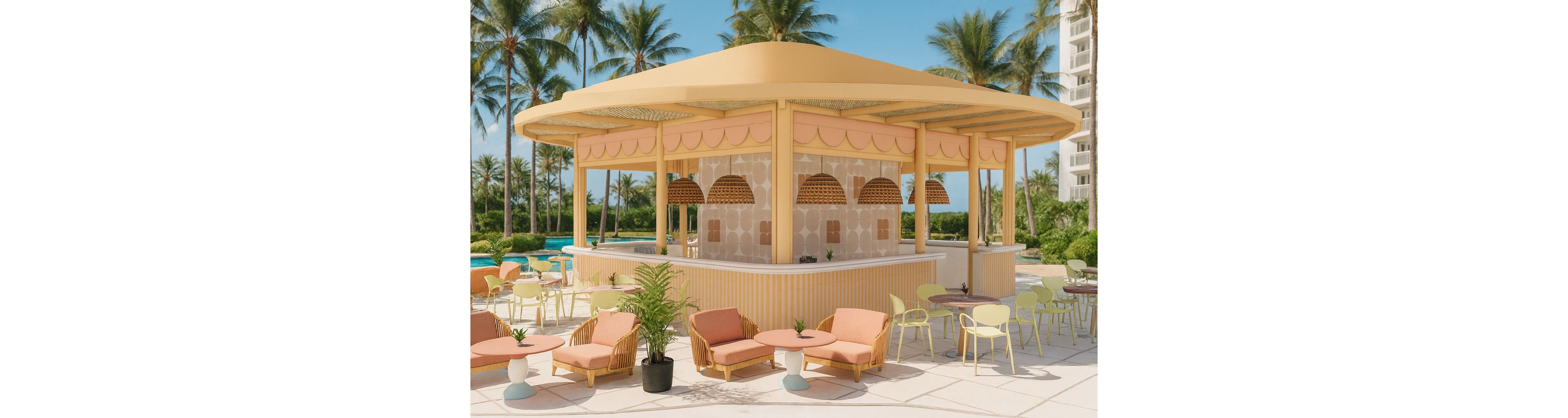 An open-air bar with pastel yellow and peach tones stands at the center of a resort-style patio. Surrounding the bar are colorful lounge chairs, small tables, and potted plants arranged on a tiled terrace. Woven pendant lights hang from the bar ceiling, adding texture and warmth to the scene. Tall palm trees and a glimpse of a swimming pool create a relaxed tropical atmosphere under a clear blue sky.