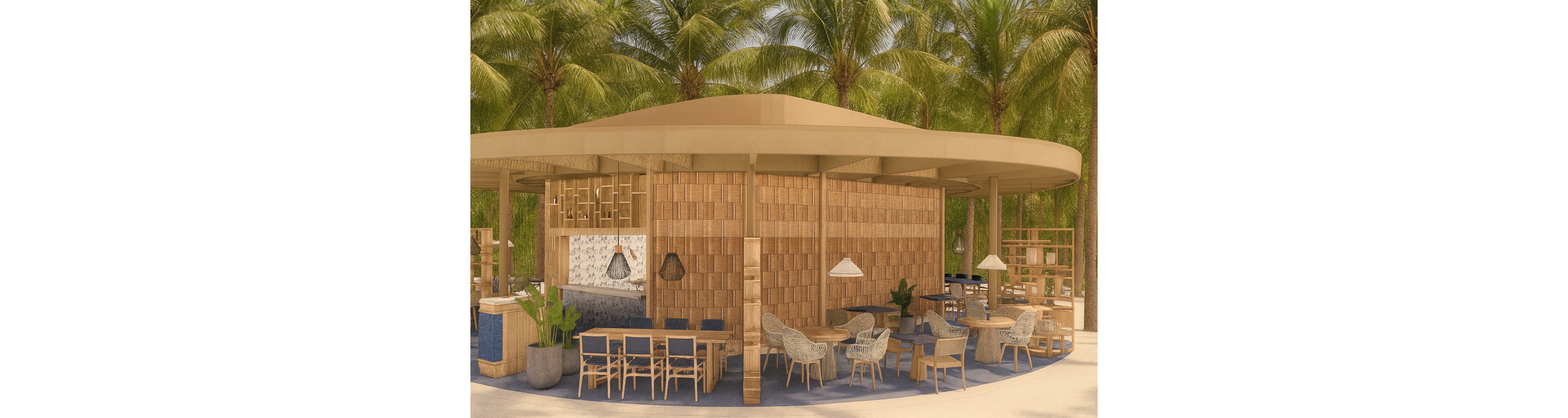An open-air circular beach bar stands beneath tall palm trees in a tropical setting. The structure features wooden walls, a flat round roof, and a mix of bar stools and dining chairs arranged around small tables. Neutral tones of beige and light wood are accented by blue cushions and flooring. Pendant lights and woven chairs add a relaxed, coastal atmosphere to the scene.