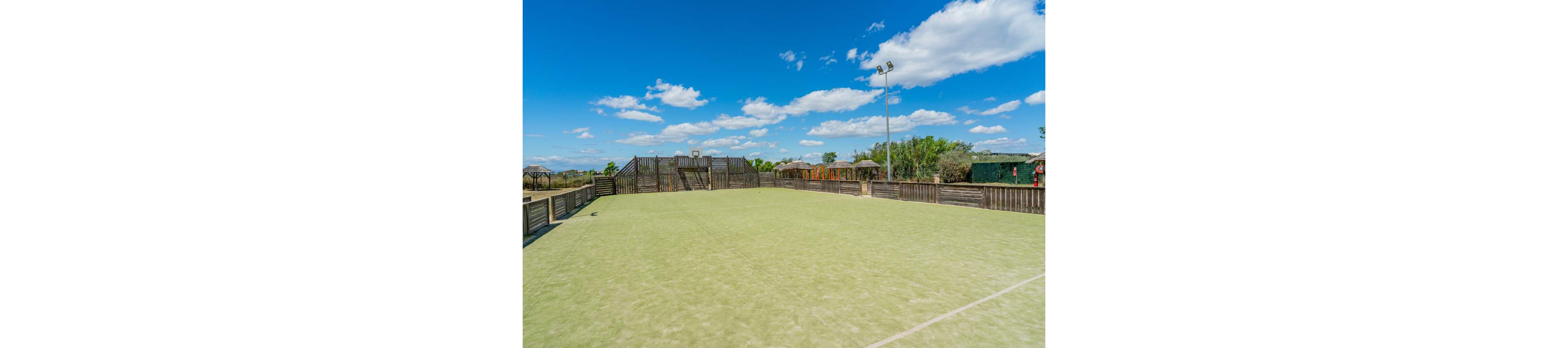 An empty outdoor sports court with a pale green surface sits under a clear blue sky with scattered white clouds. Wooden fencing surrounds the court, with small structures and seating areas visible in the background. A tall floodlight pole rises above the court, suggesting use for evening games. The surrounding landscape includes trees, shrubs, and open land, giving the scene a spacious, recreational feel.
