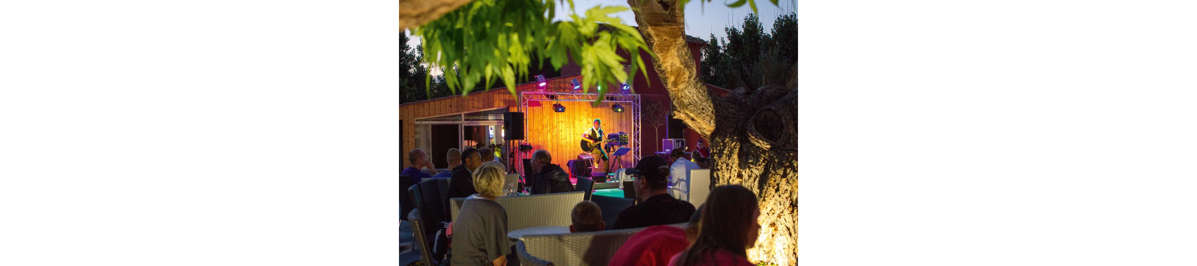 An acoustic guitarist performs on a small outdoor stage under colorful lights. The audience sits at tables and lounge chairs, watching the live music in a relaxed setting. Warm yellow and purple lighting creates a cozy, intimate atmosphere against the wooden building backdrop. A large tree frames the foreground, adding a natural element to the night scene.