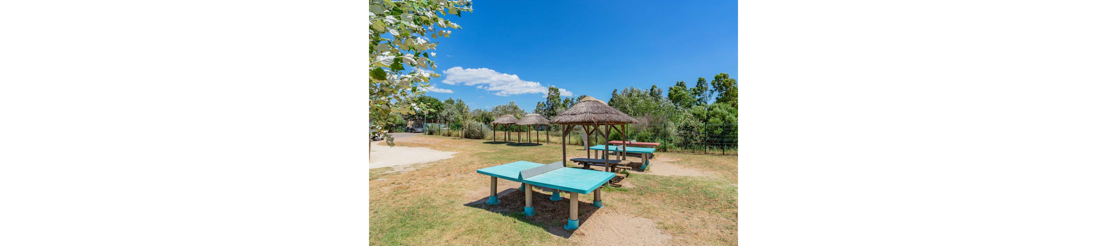 An open park features several outdoor ping pong tables under thatched wooden shelters. The scene is set on a sunny day with a bright blue sky and scattered white clouds. Dry grass and sandy paths surround the tables, with green trees and shrubs in the background. The area appears calm and inviting for recreational activities and relaxation.