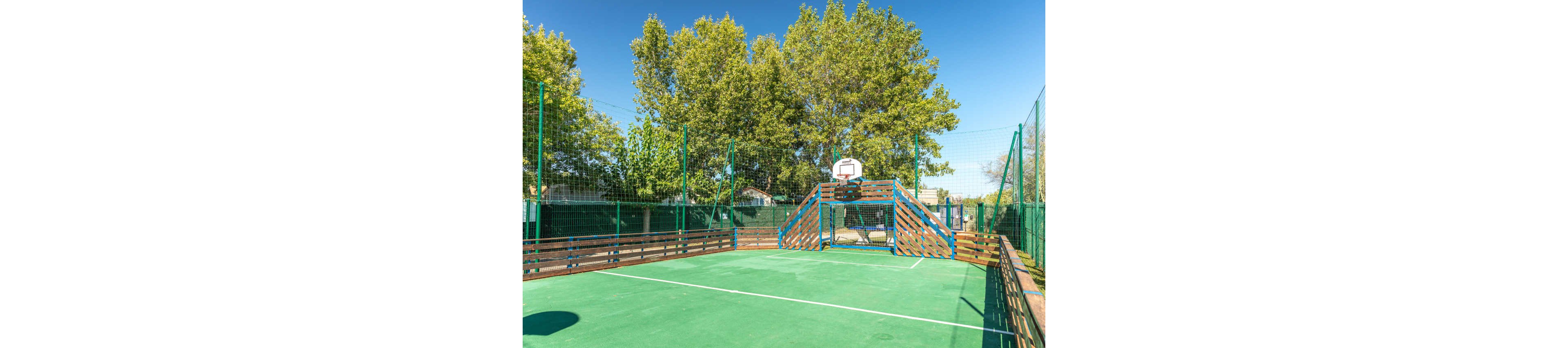 An empty outdoor multi-sport court features a central basketball hoop mounted above a wooden and metal structure. The green playing surface is surrounded by high safety netting and wooden barriers. Tall leafy trees and a clear blue sky create a bright, sunny backdrop. The scene suggests a recreational area ready for basketball, soccer, or other court games.