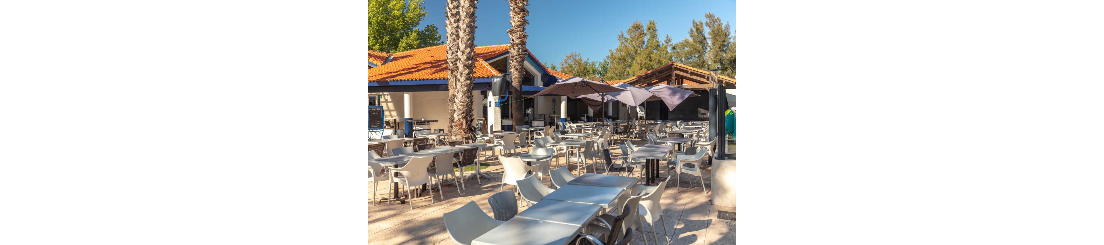 An outdoor cafe terrace is filled with empty tables and chairs under a bright, sunny sky. Large umbrellas provide shade across the seating area, while tall palm trees and other greenery frame the space. A building with an orange-tiled roof and blue trim stands in the background, suggesting a relaxed resort or coastal setting. The scene feels calm and inviting, ready for guests to arrive.